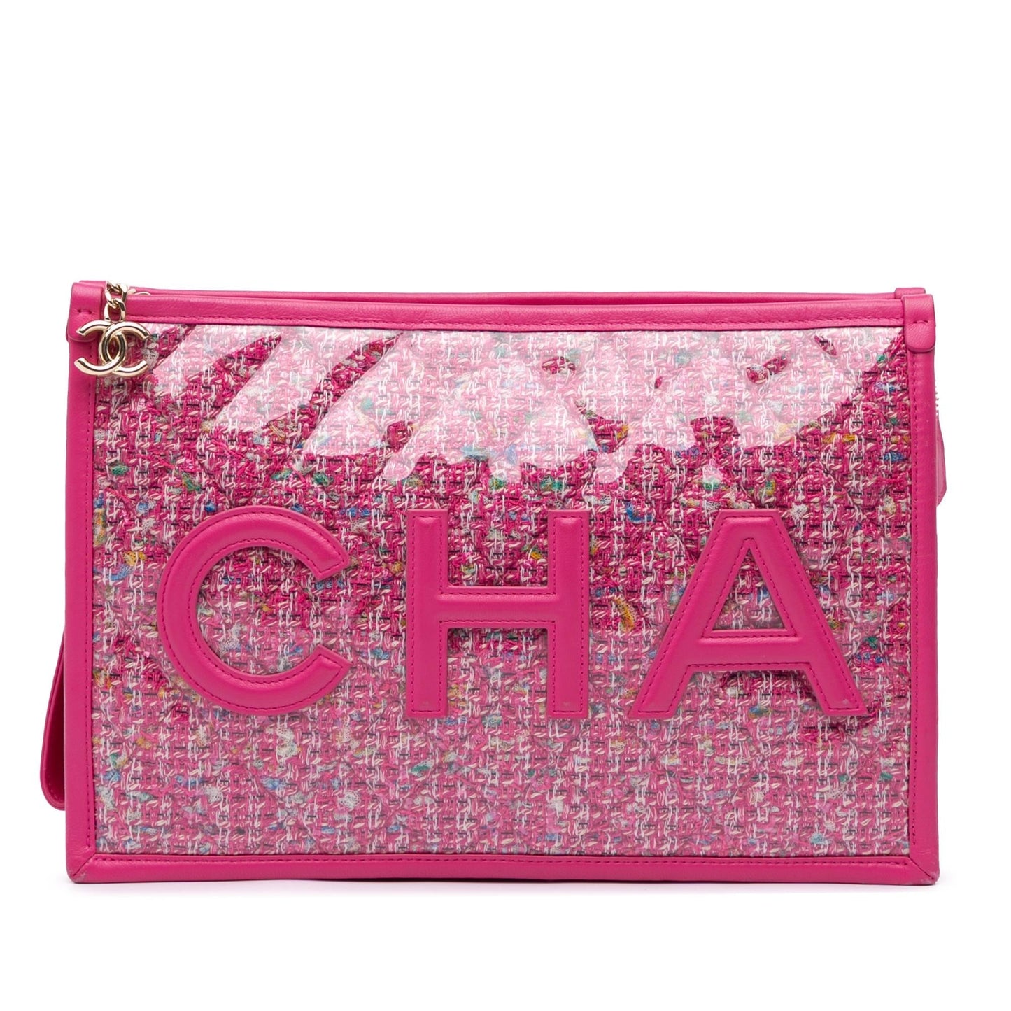 Chanel Tweed PVC Logo Wristlet Handbag Pouch 1