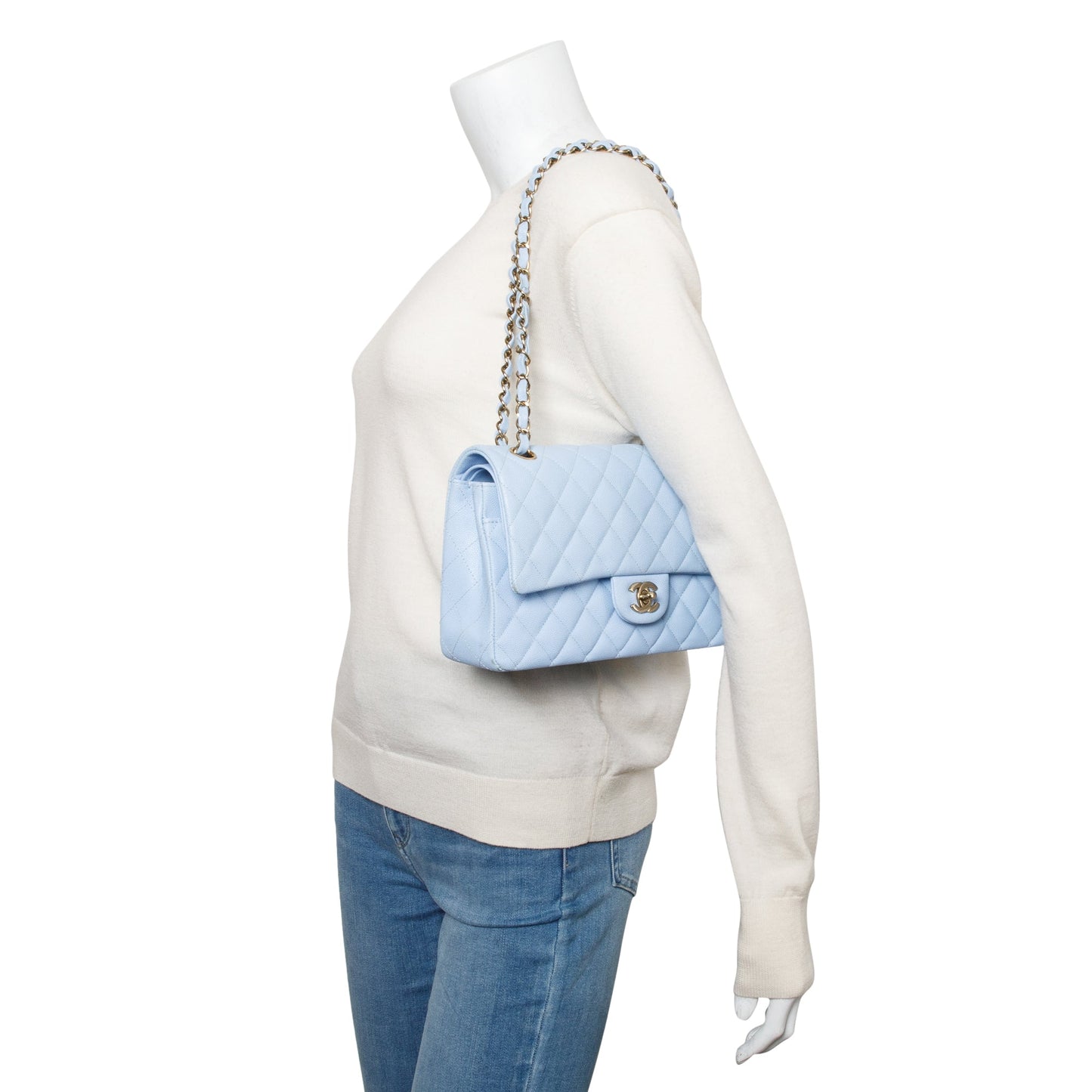 Chanel Light Quilted Caviar Classic Double Leather Blue Travel Bag