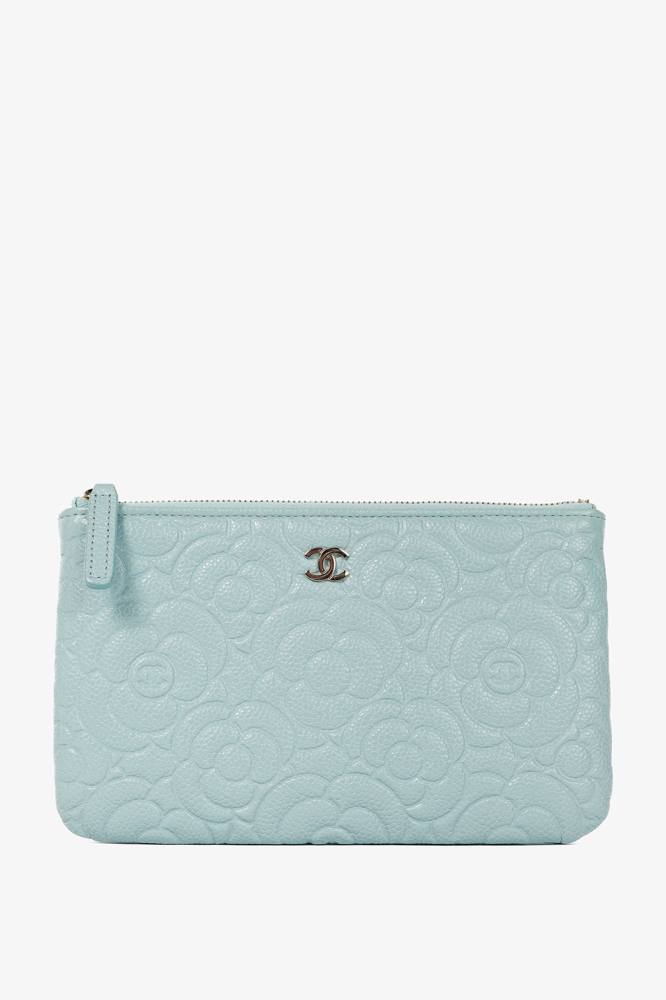 Chanel Light Blue Caviar Camellia Embossed Small O Case Handbag