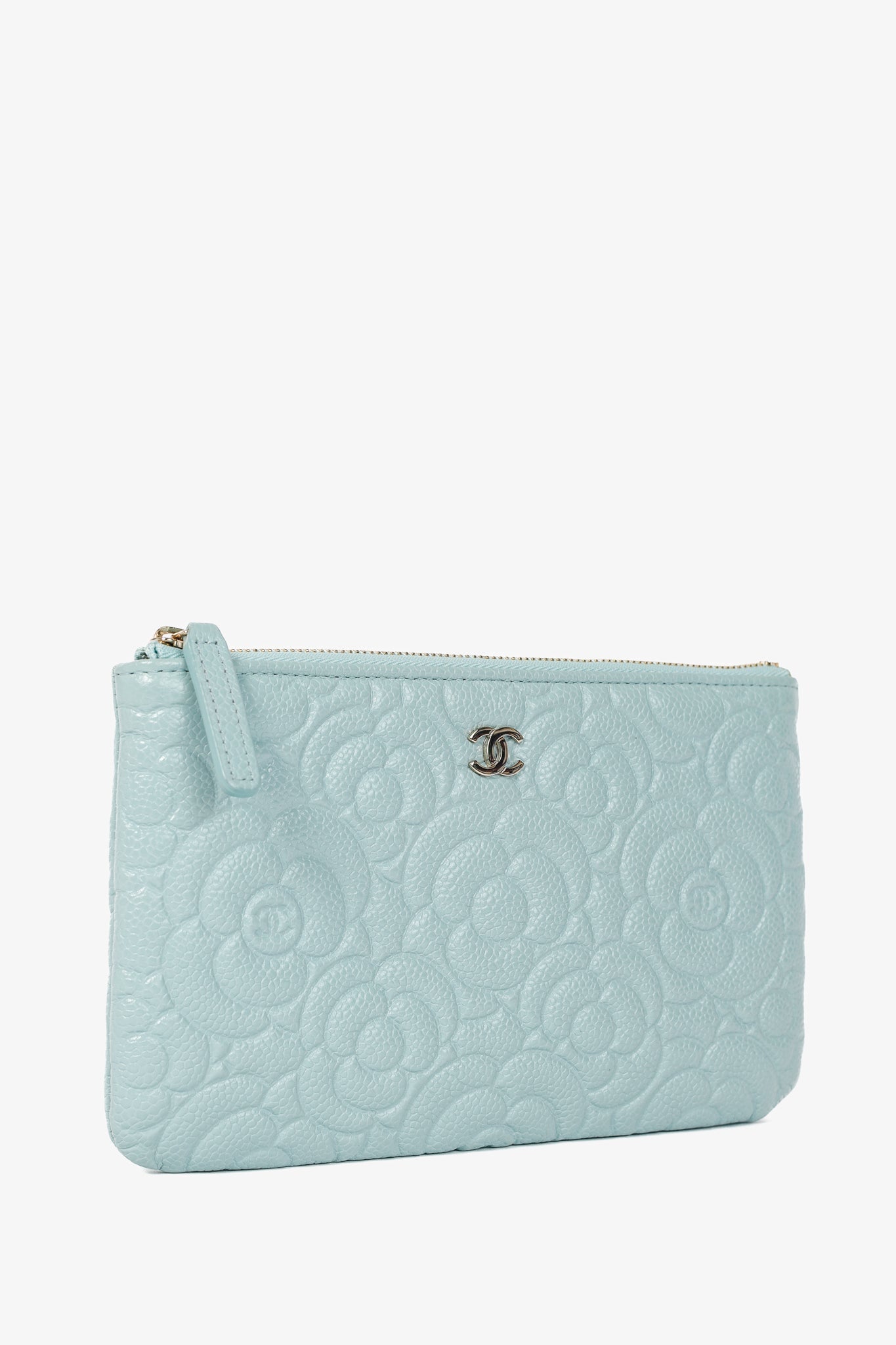 Chanel Light Blue Caviar Camellia-Embossed Small O-Case