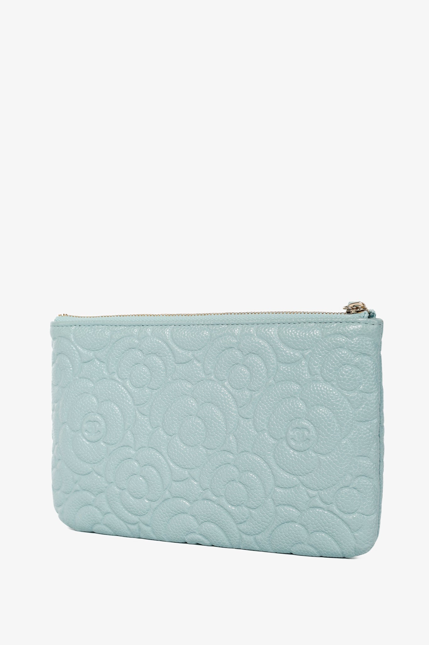 Chanel Light Blue Caviar Camellia Embossed Small O Case Handbag