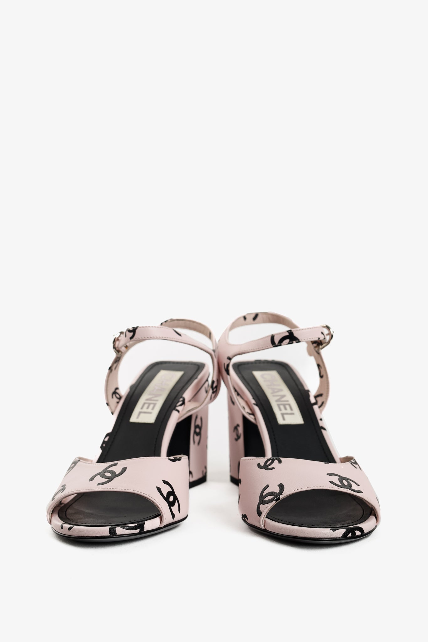 Chanel 22S Light Pink CC-Print Leather Sandals