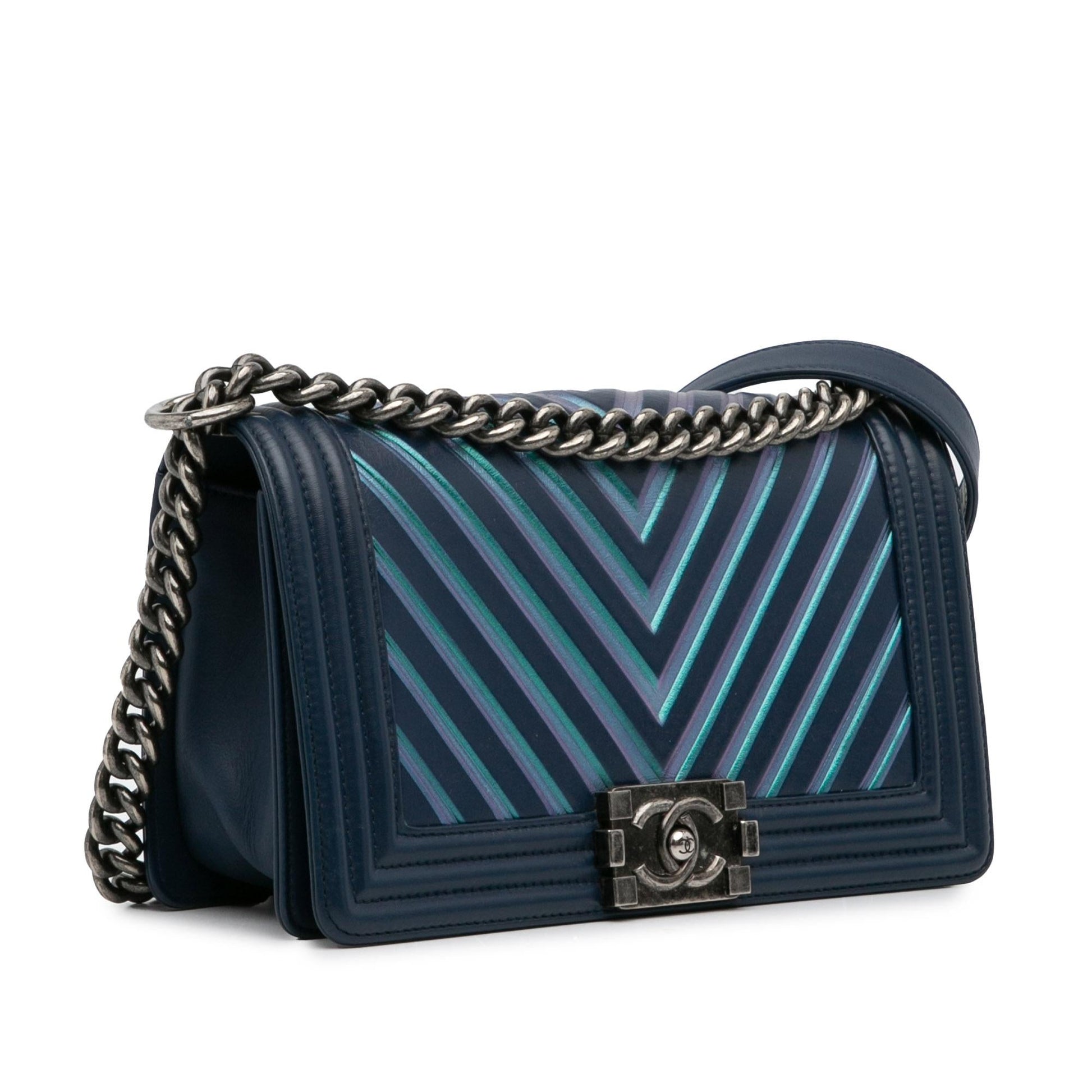 Chanel Calfskin Embossed Painted Chevron Boy Flap Handbag