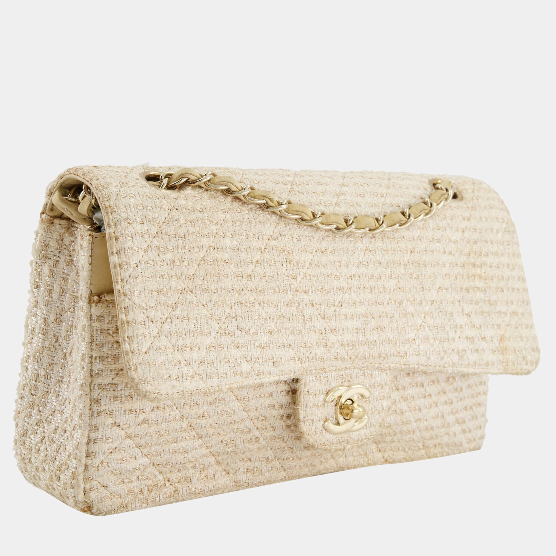 Chanel Medium Classic Double Flap Bag Beige Gold Tweed Champagne Gold Hardware