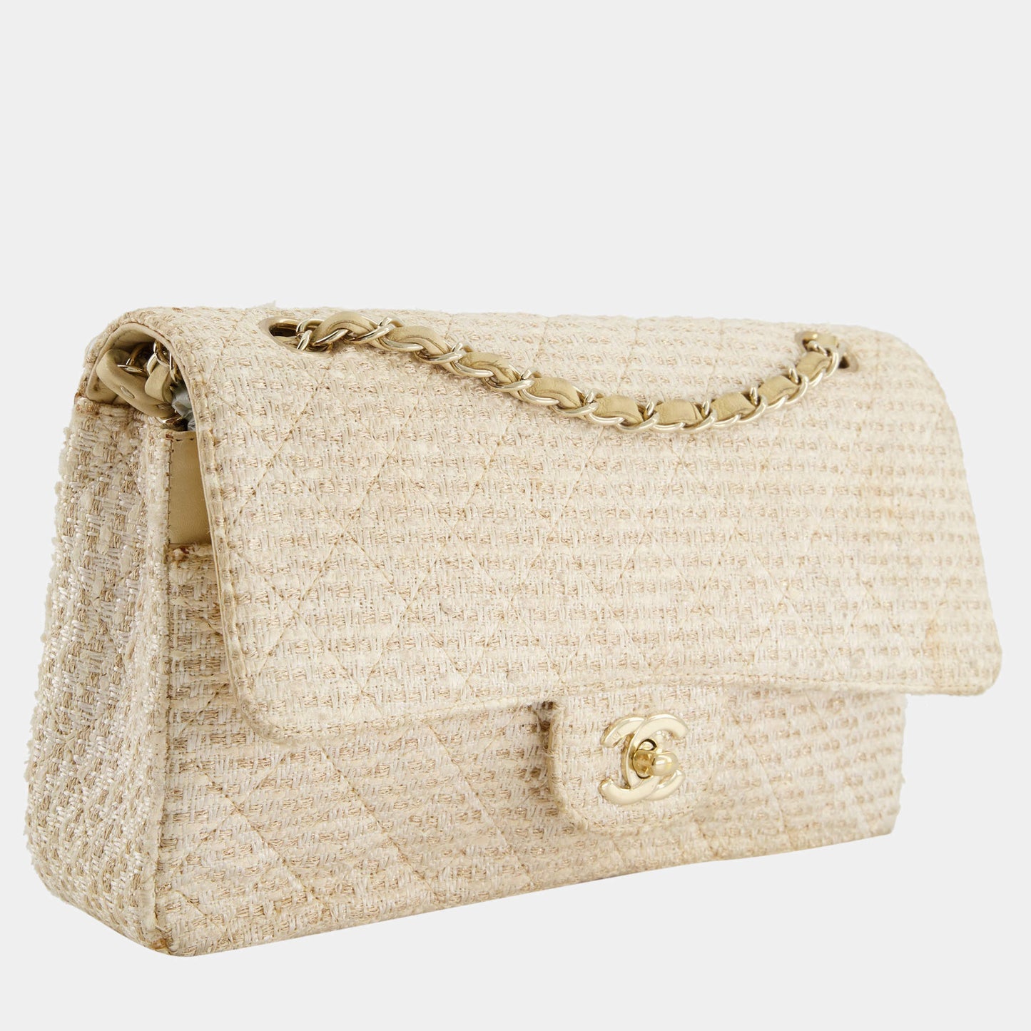 Chanel Classic Double Flap Tweed Ivory Gold Champagne Gold Hardware-Hs Bag