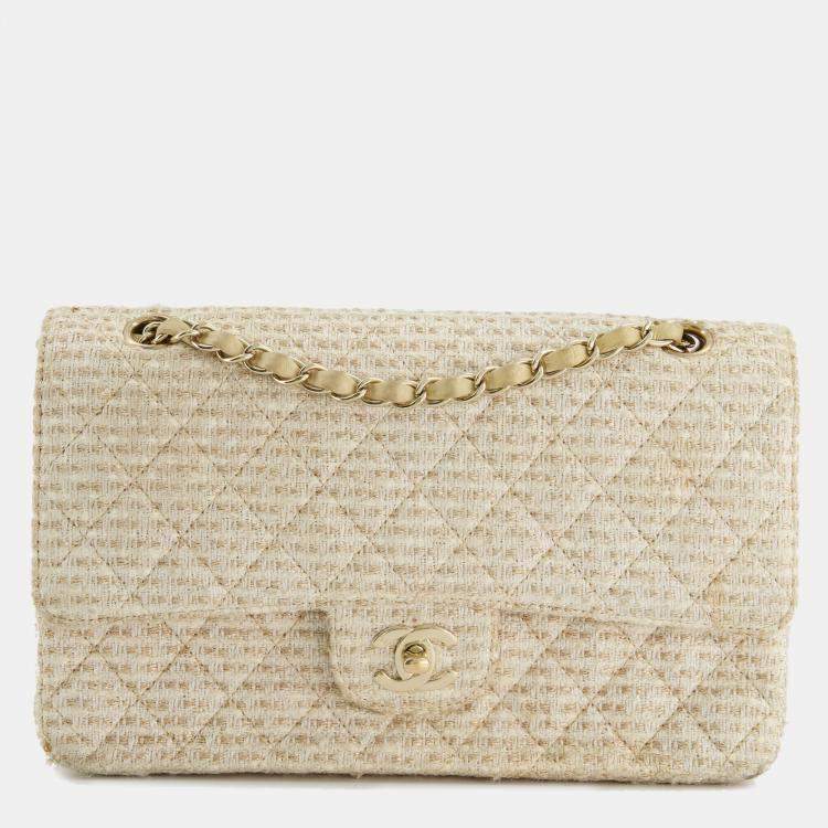 Chanel CLASSIC DOUBLE FLAP TWEED HARDWARE-HS Gold Ivory Handbag