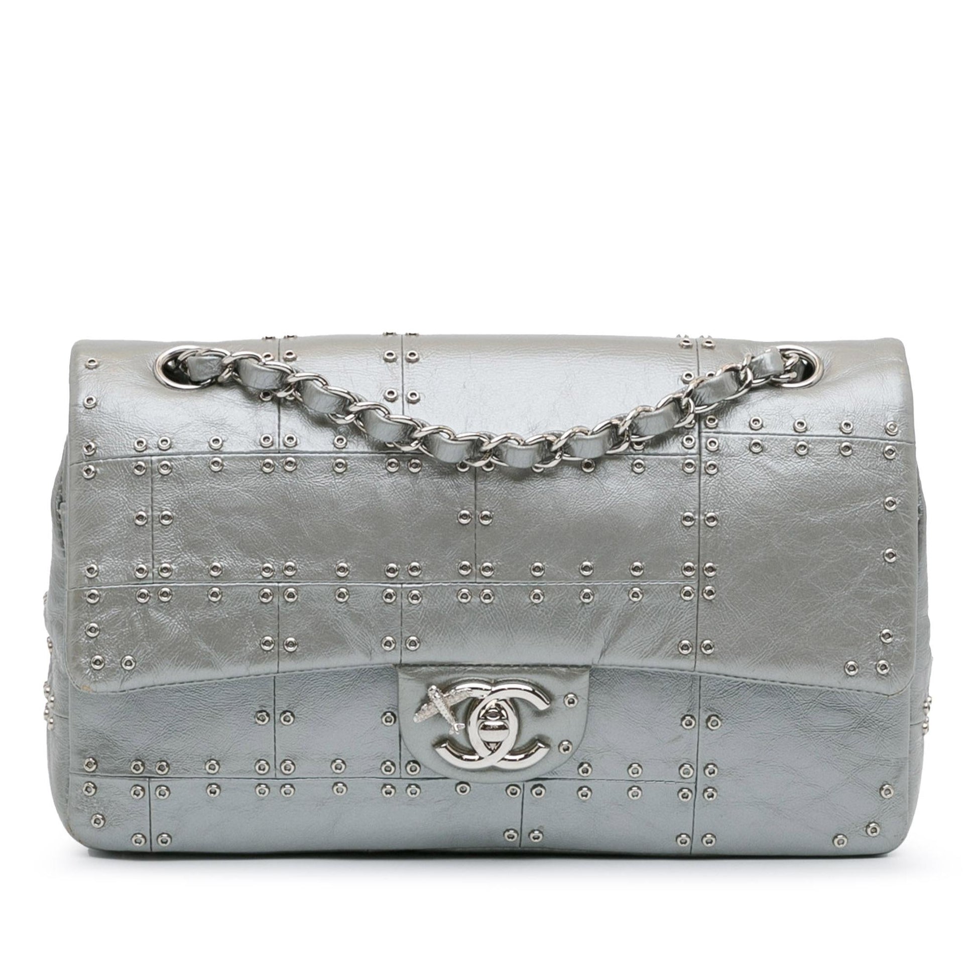Chanel Glazed Calfskin Grommet Embellished Airline Double Handbag Shg Fbozo4