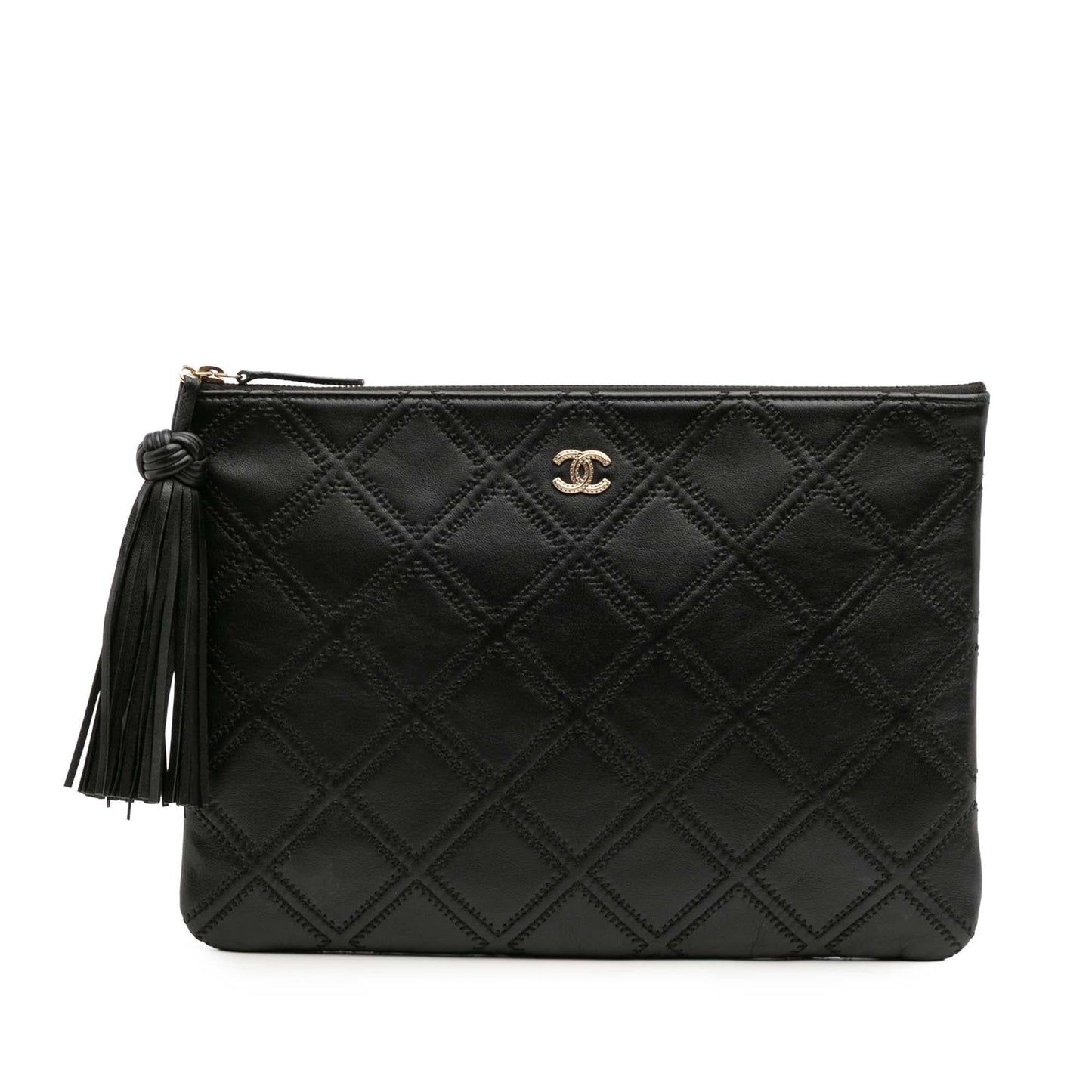 Chanel Quilted Lambskin Double Stitch Tassel O Clutch Bag