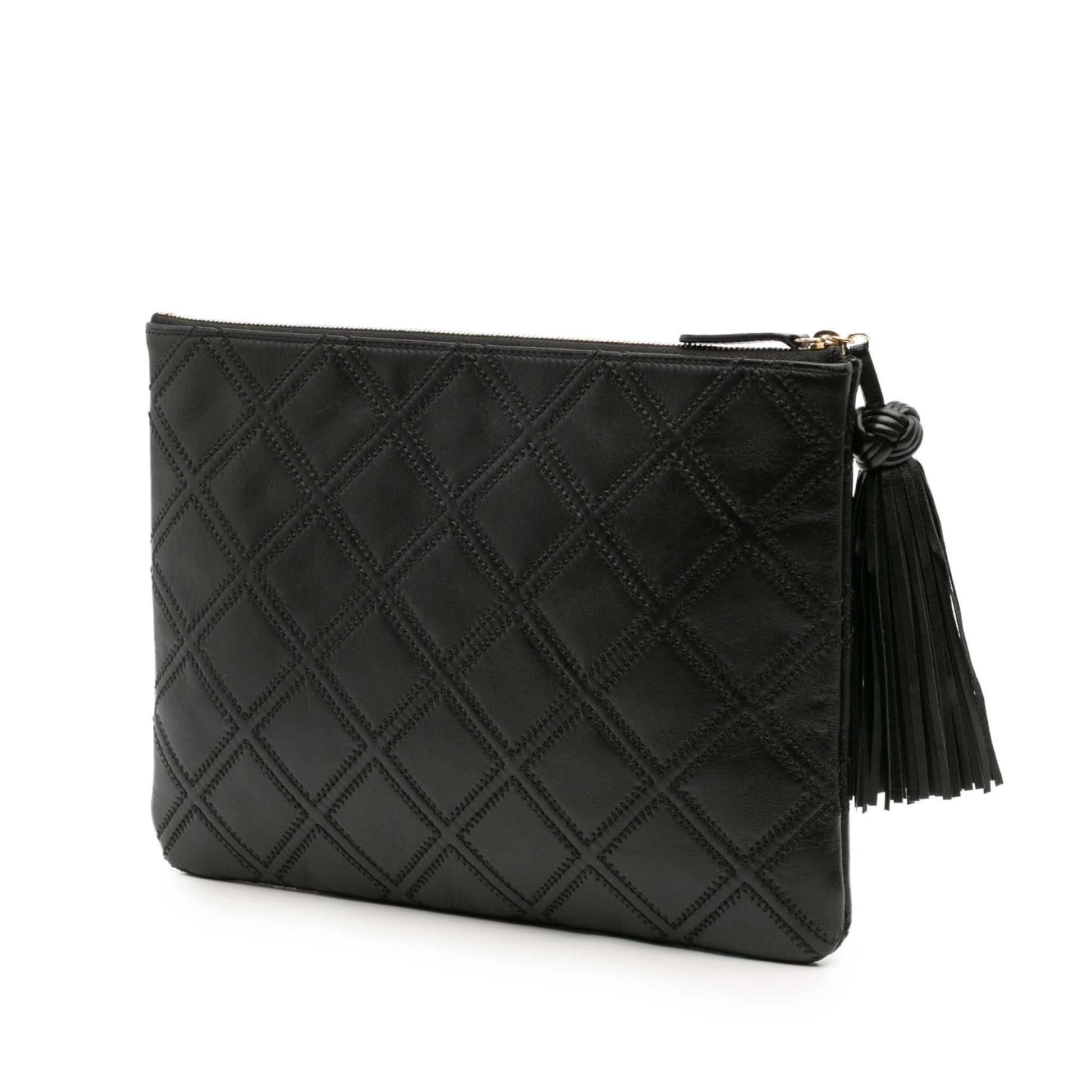 Chanel Quilted Lambskin Double Stitch Tassel O Clutch Bag