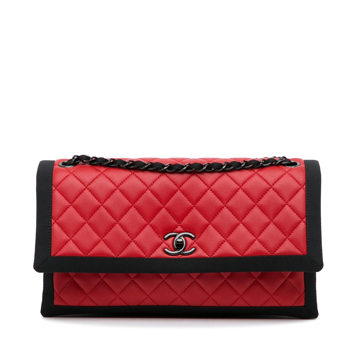 Chanel Quilted Lambskin Grosgrain Two Tone Flap Shoulder Bag