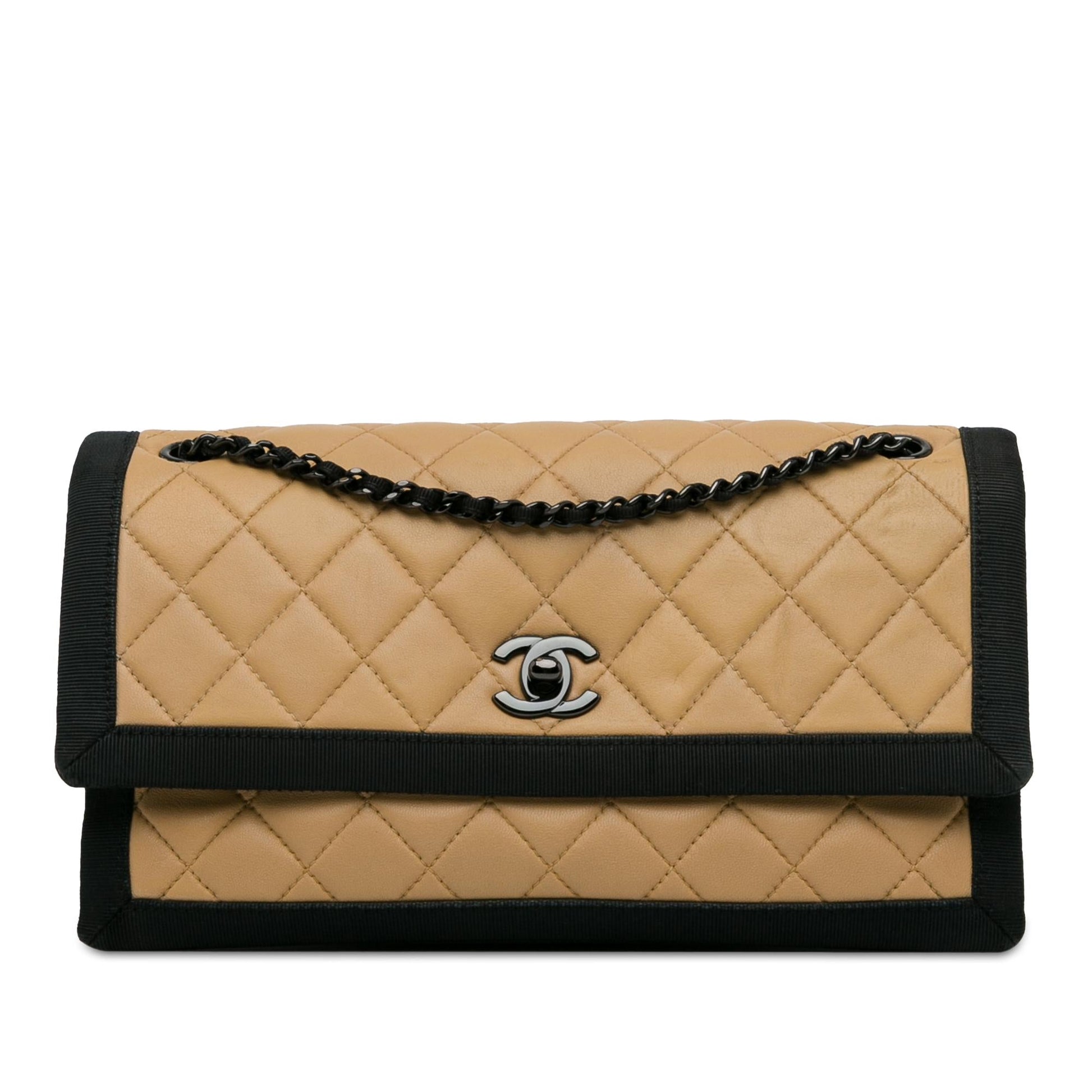 Chanel Quilted Lambskin Grosgrain Two Tone Flap Handbag