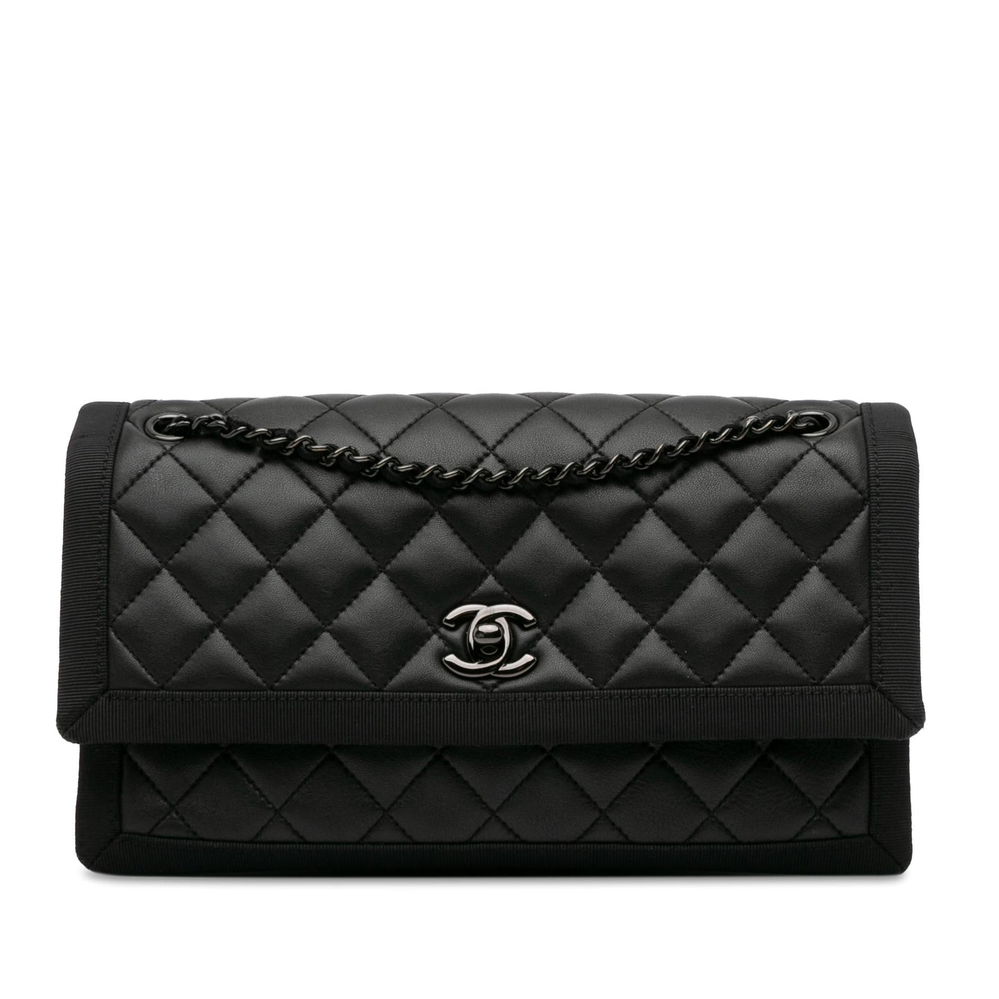 Chanel Quilted Lambskin Grosgrain Two Tone Flap Handbag Shg Igkksy