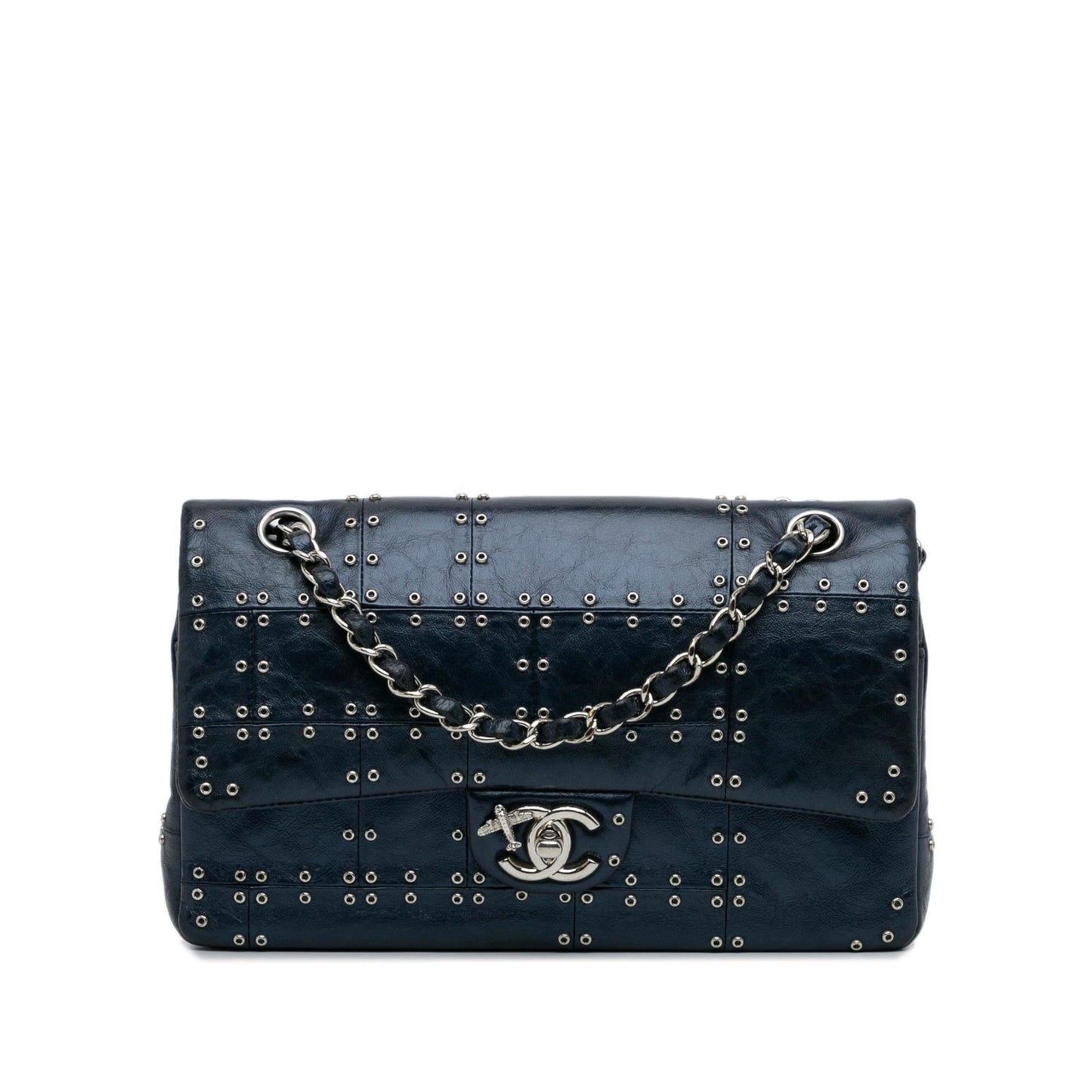 Chanel Studded Airlines Double Flap SHG-MHpqyU Leather Handbag