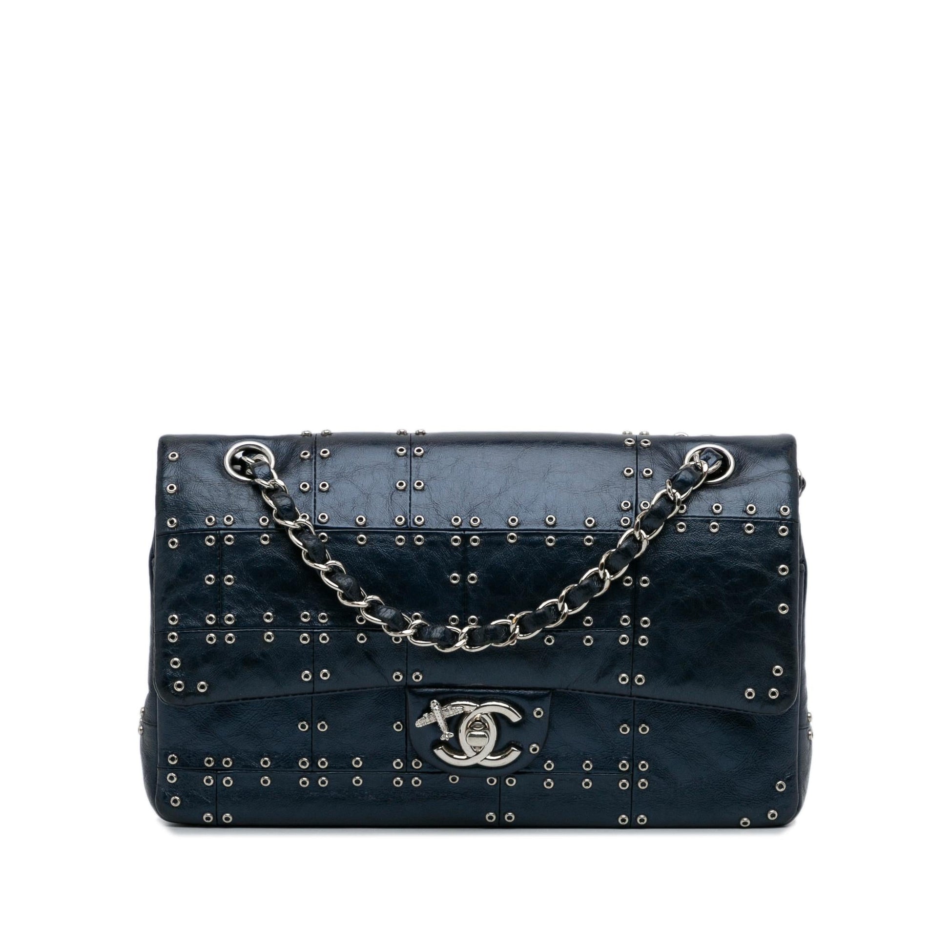 Chanel Studded Airlines Double Flap SHG-MHpqyU Leather Handbag