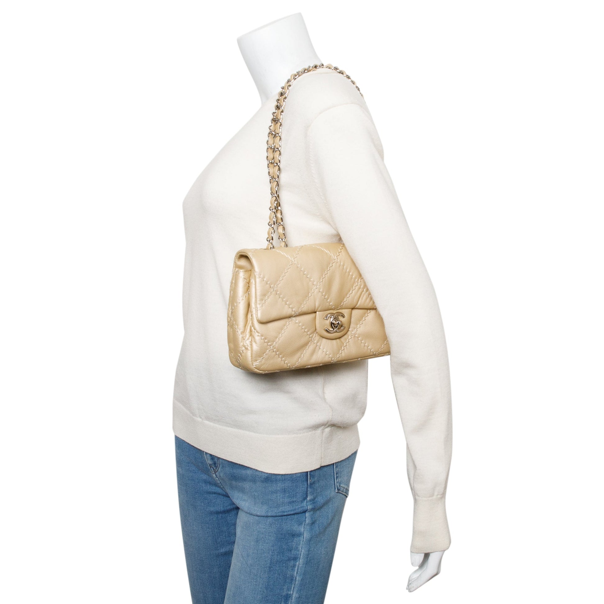Chanel Flap Leather Calfskin Beige Travel Bag