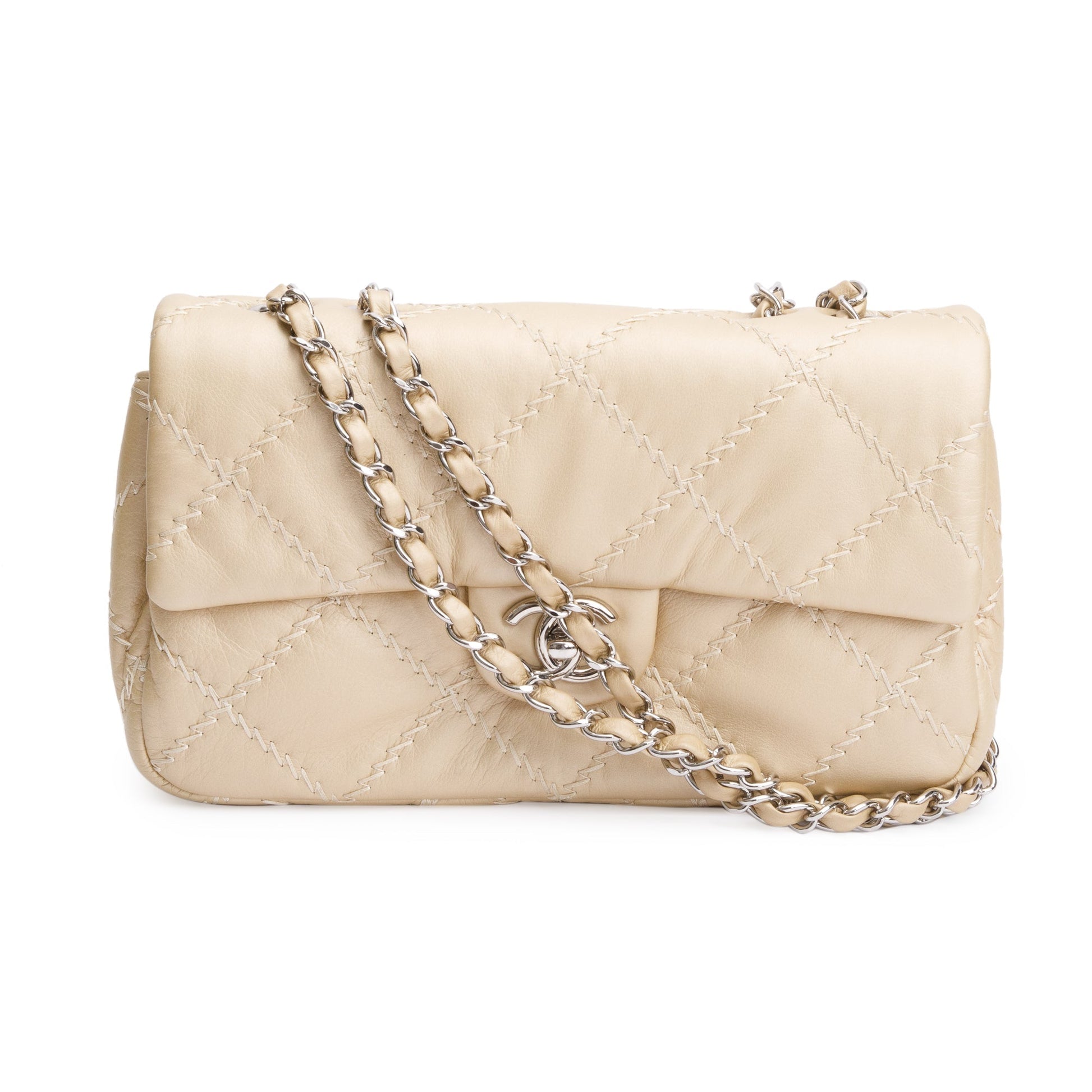 Chanel Flap Leather Calfskin Beige Travel Bag