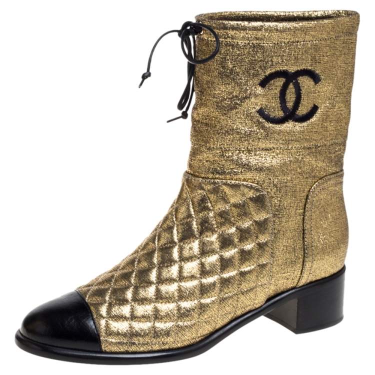 Chanel CC Quilted Metallic Gold Leather Ankle Boots for Women