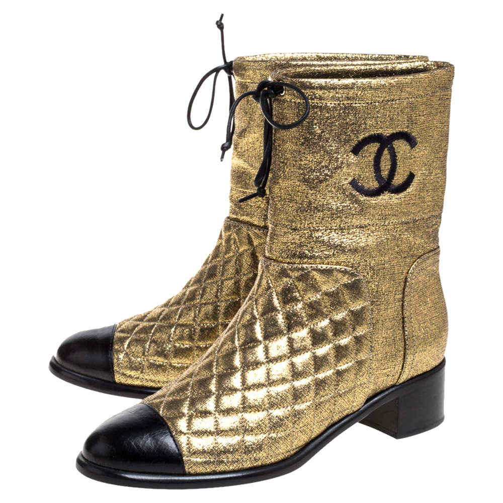 Chanel CC Quilted Metallic Gold Leather Ankle Boots for Women