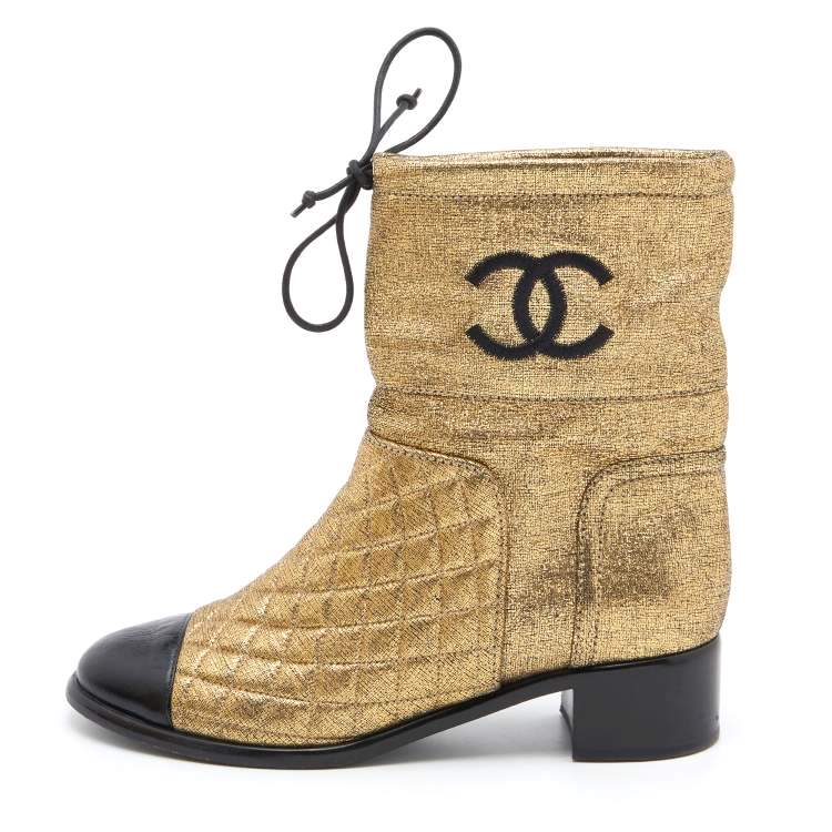 Chanel CC Quilted Metallic Gold Leather Ankle Boots for Women
