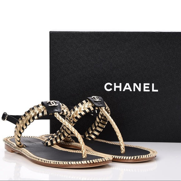 Chanel Metallic Calfskin Braided Thong Sandals for Women