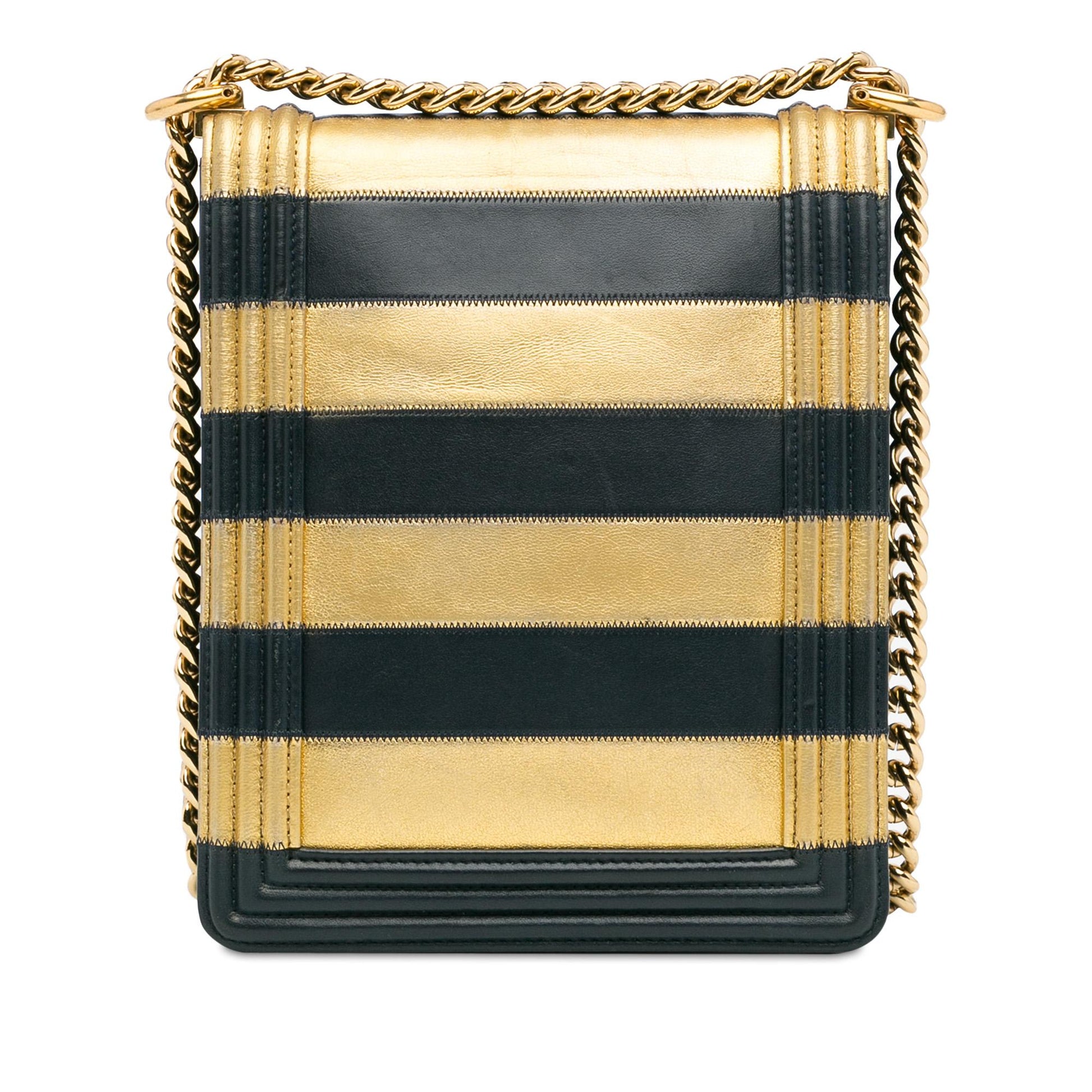 Chanel Metallic Lambskin Striped North South Boy Flap (SHG-gdf9Ua)