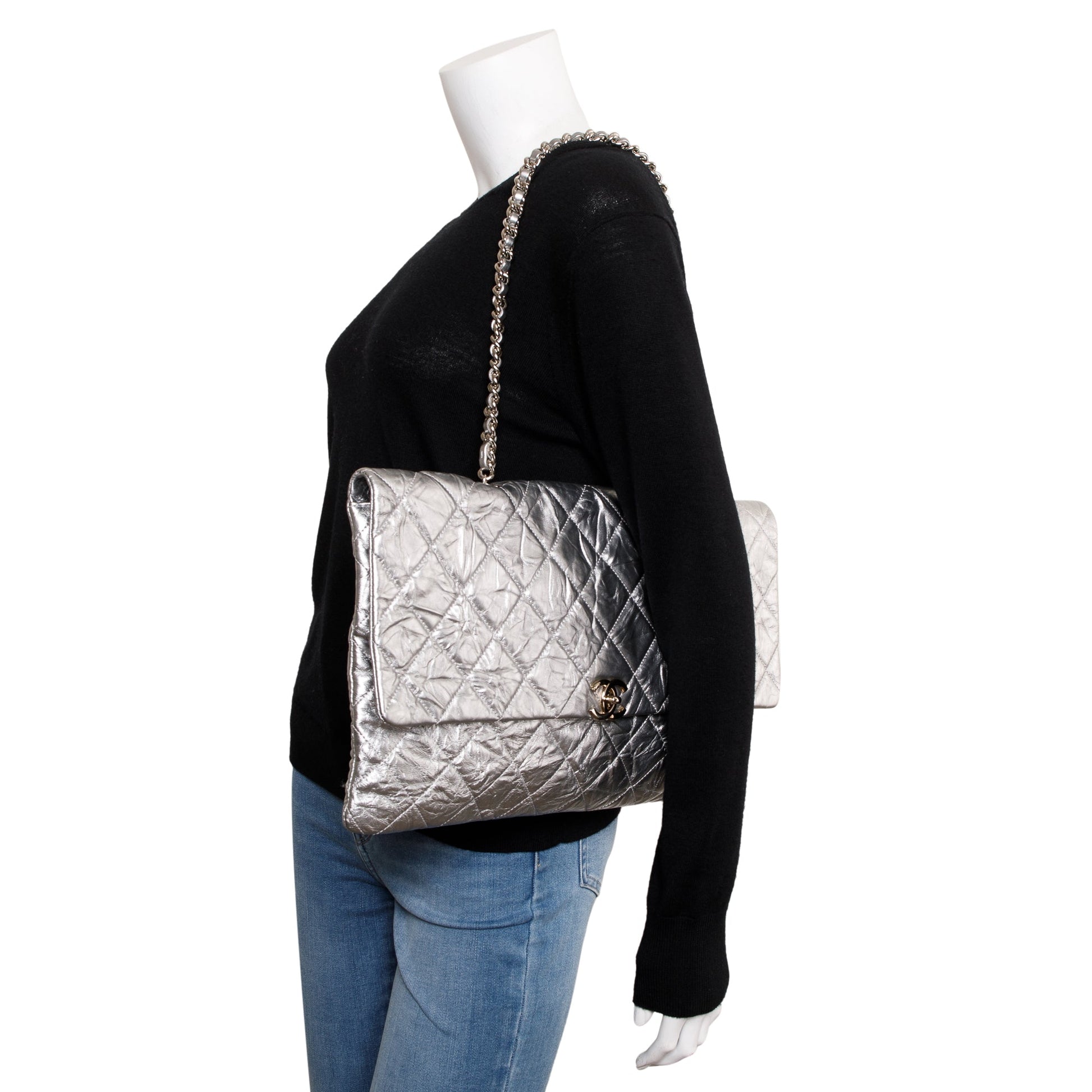 Louis Vuitton Chanel r Big Bang Flap Leather Calfskin Silver Travel Bag
