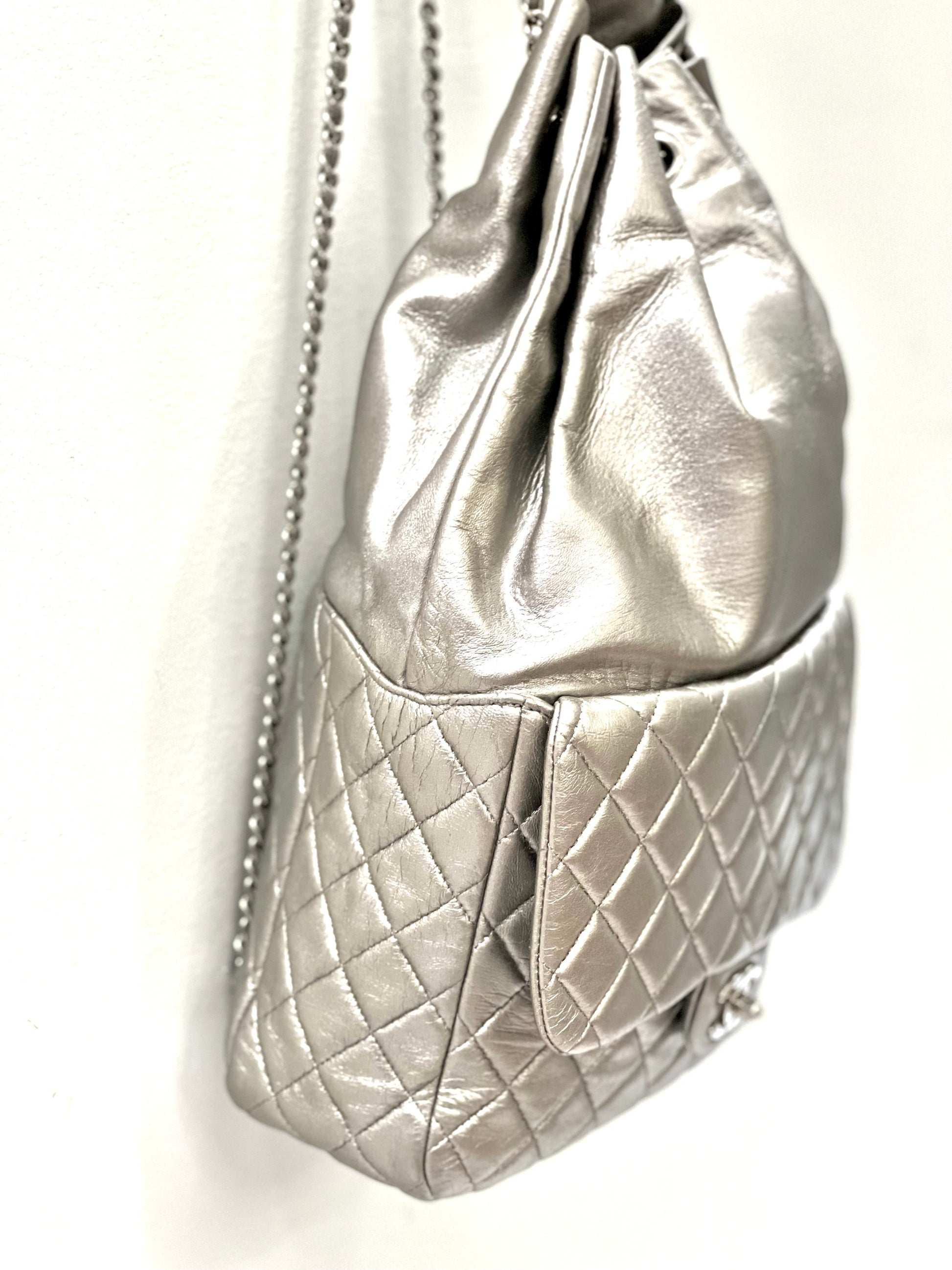 Chanel Quilted Silver Backpack
