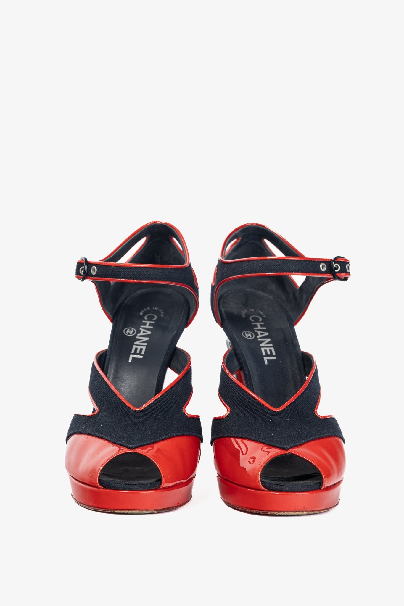 Chanel Ss/08 Runway Navy Canvas & Red Patent Leather Sandals for Women