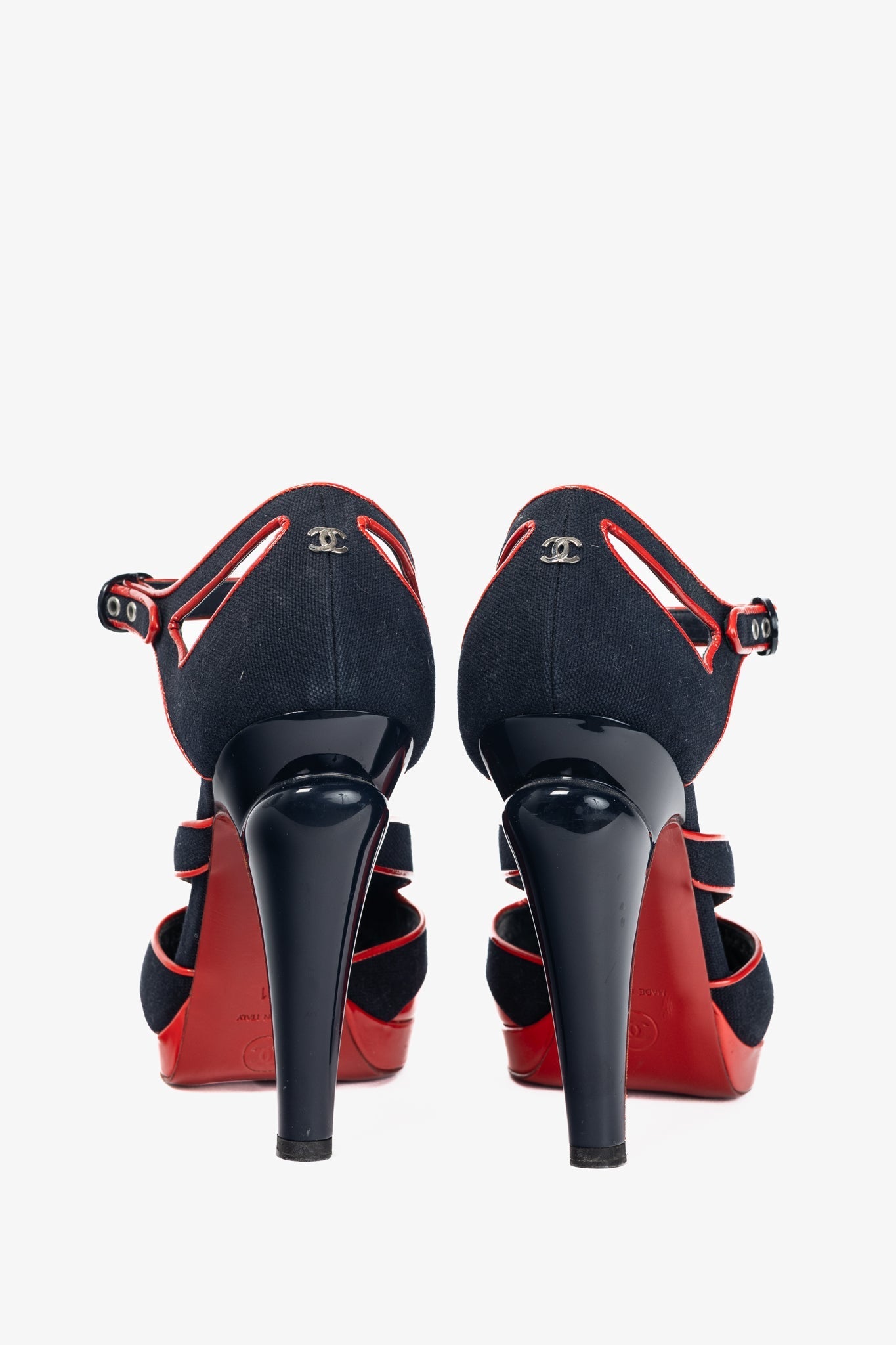Chanel SS/08 Runway Navy Canvas & Red Patent Leather Sandals