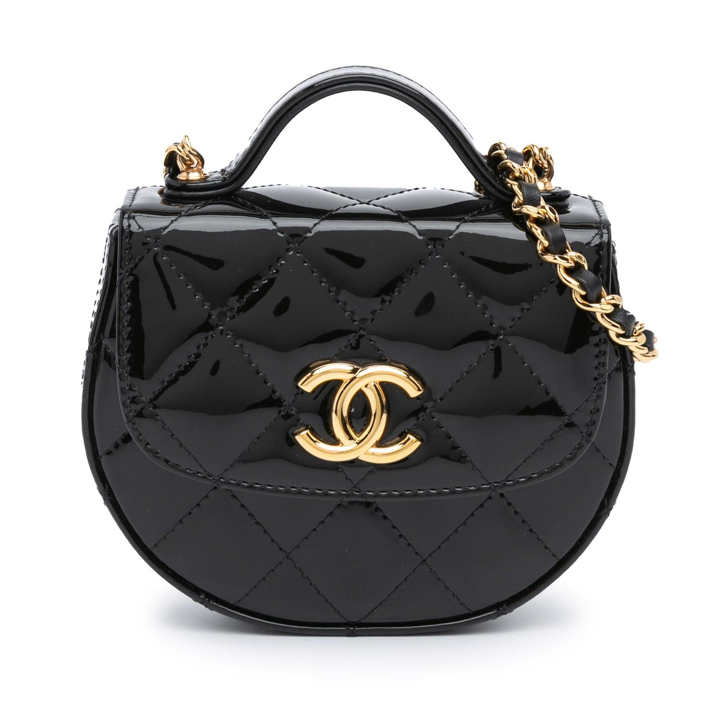 Chanel CC Quilted Patent Top Handle Leather Clutch Bag