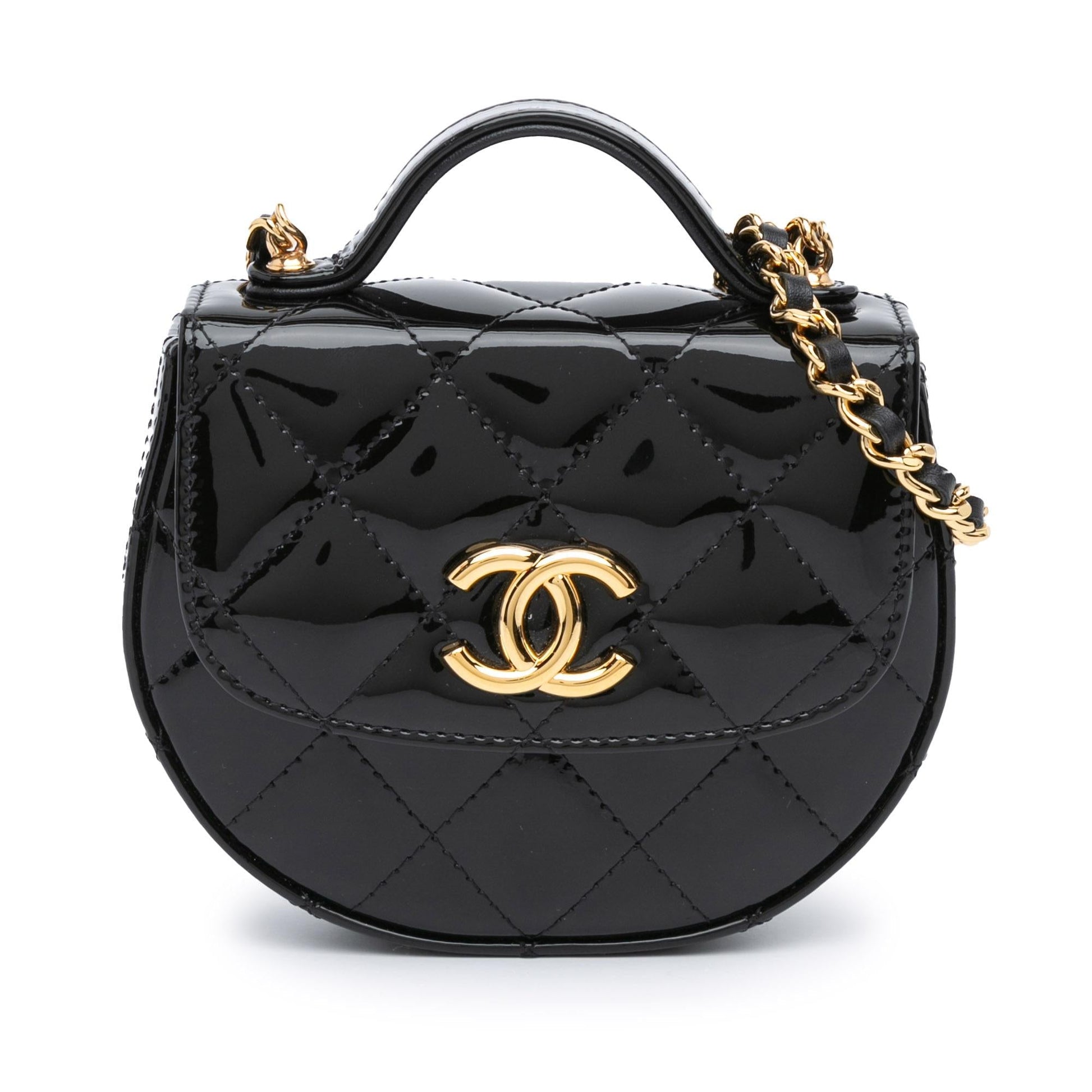 Chanel CC Quilted Patent Top Handle Leather Clutch Bag