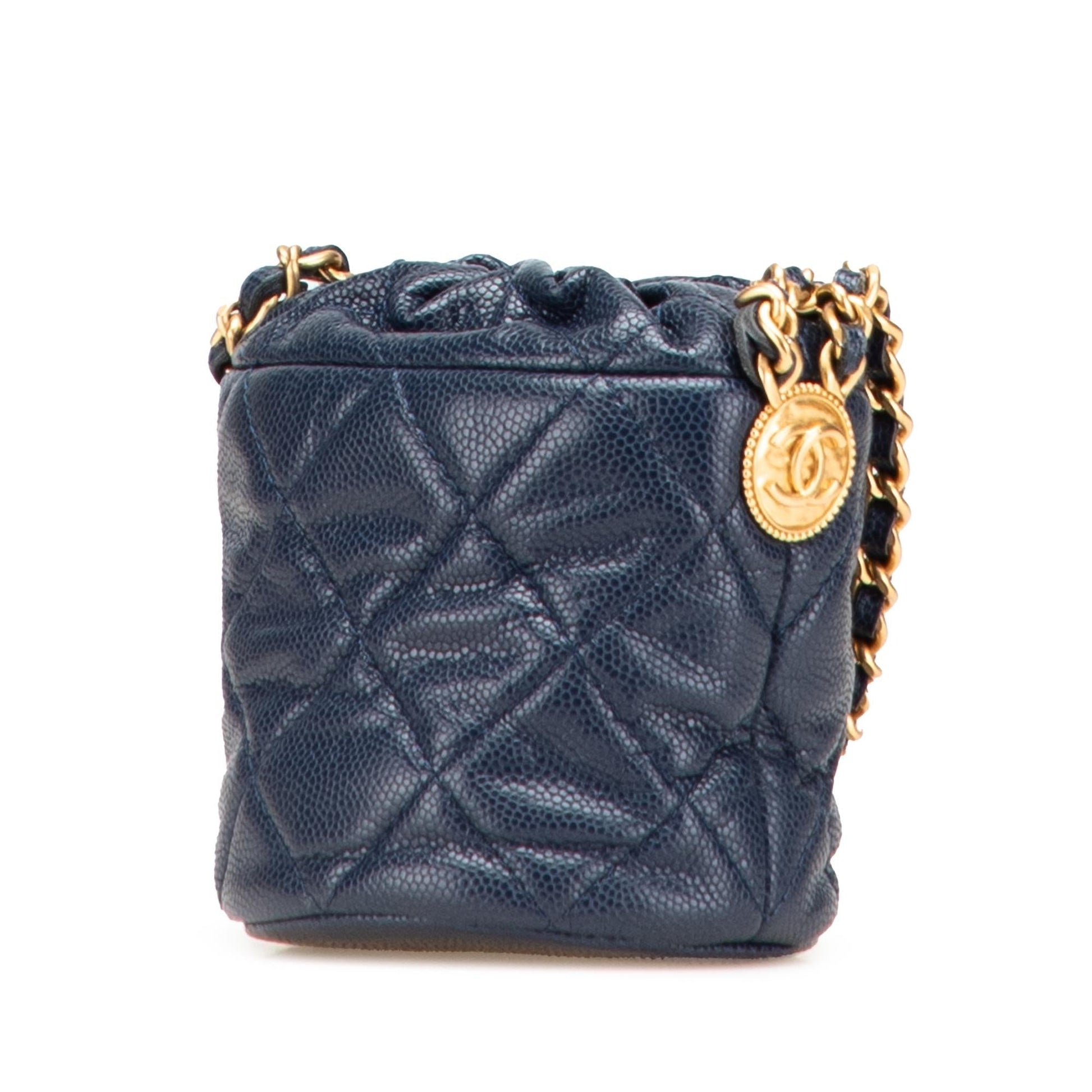 Chanel Quilted Caviar Medallion Charms Drawstring Bucket Key Chain