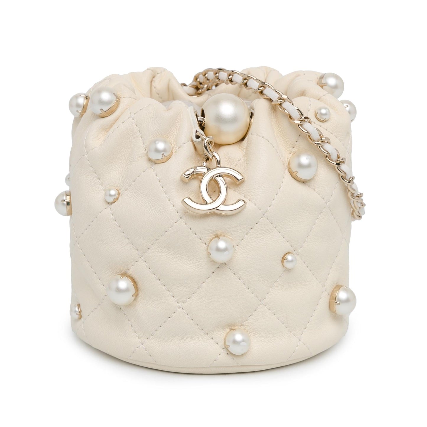 Chanel Quilted Lambskin About Pearls Drawstring Bucket Jewelry
