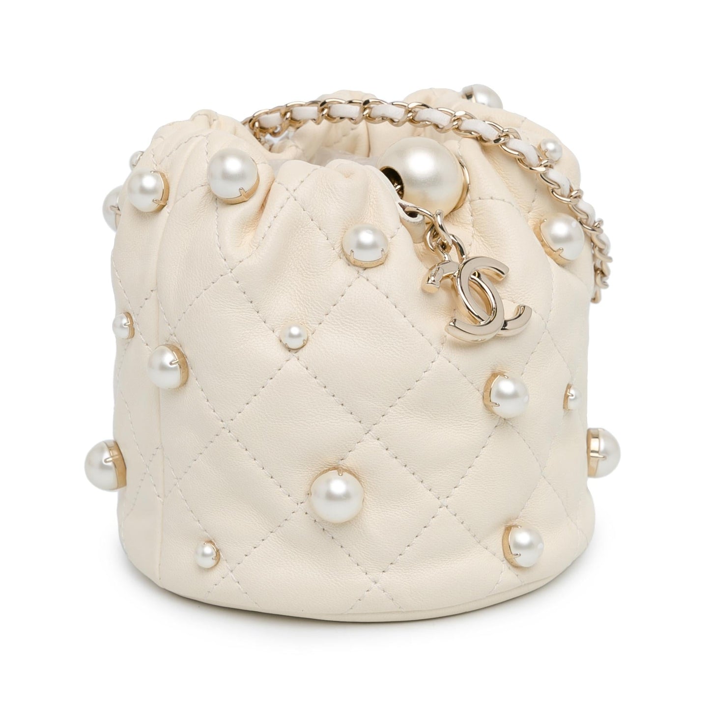 Chanel Quilted Lambskin About Pearls Drawstring Bucket Jewelry