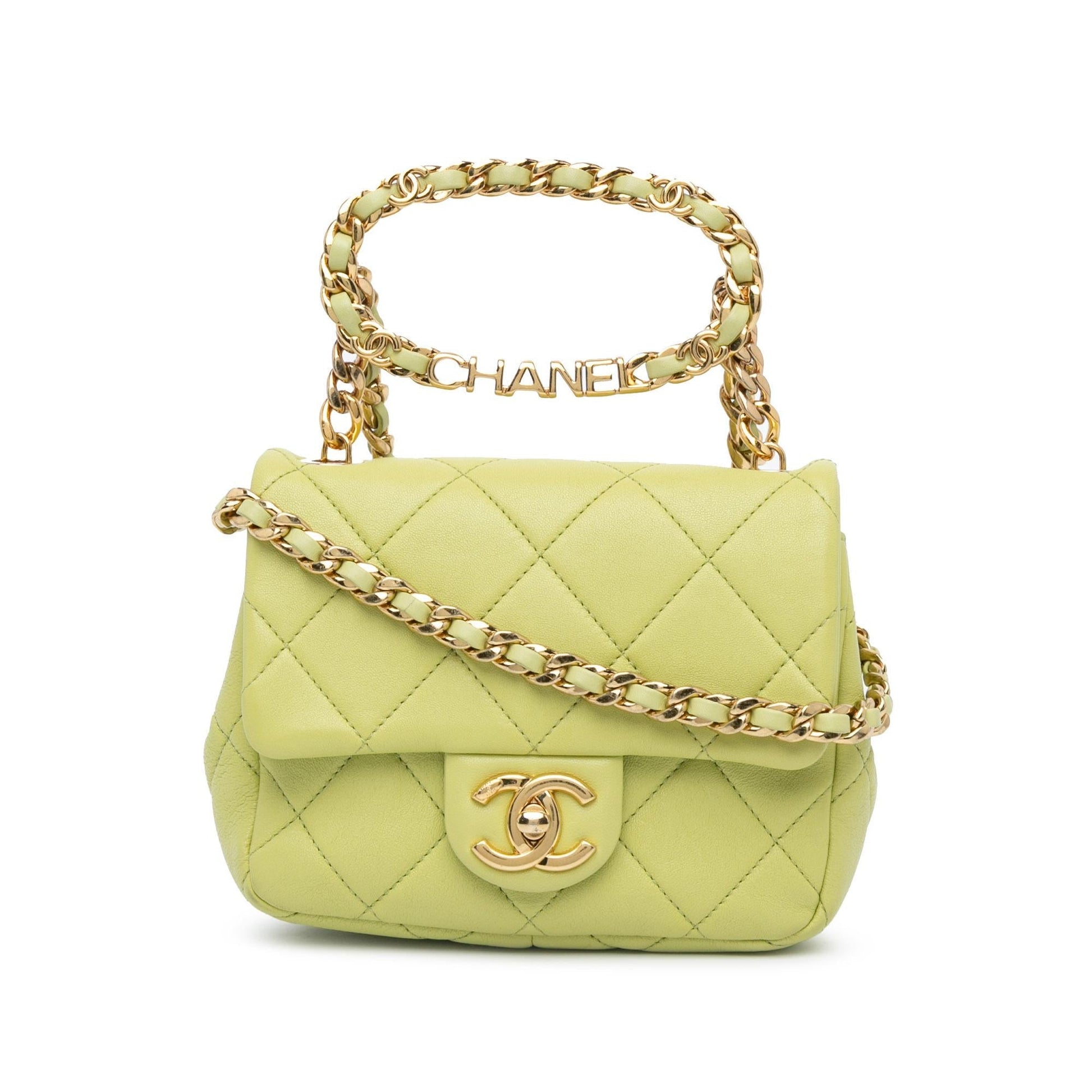 Chanel Quilted Lambskin Oval Logo Top Handle Mini Bag Handle Flap