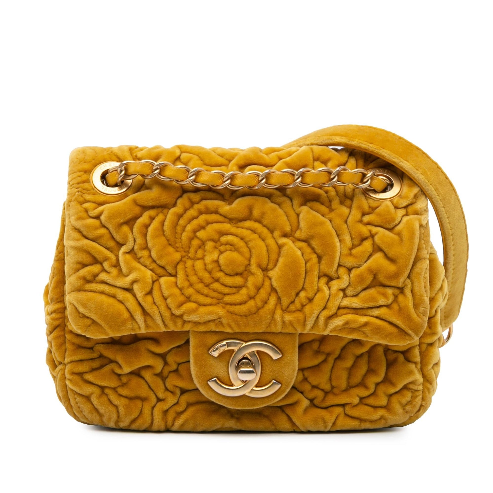 Chanel Square Velvet Camellia Embossed Flap Mini Bag