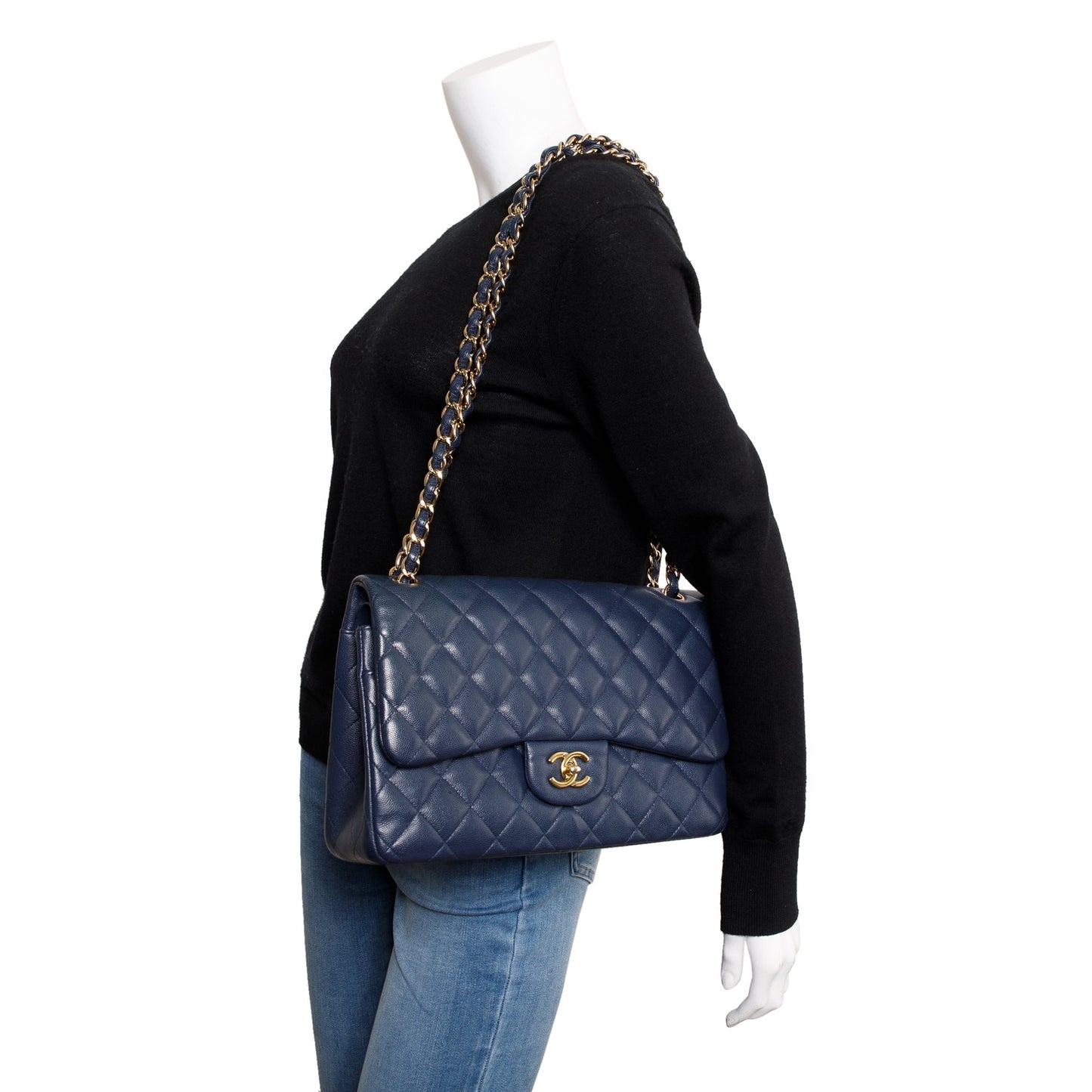 Chanel Navy Caviar Classic Jumbo Double Leather Travel Bag