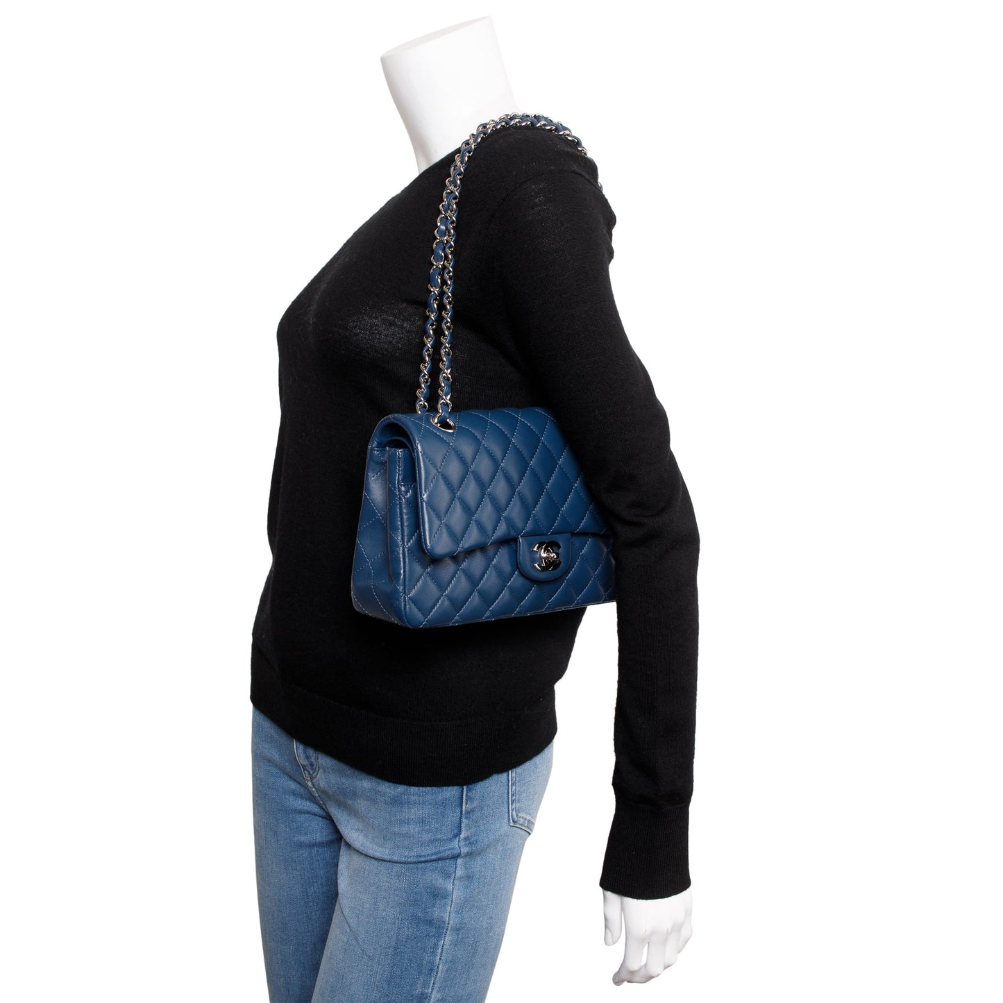 Chanel Navy Classic Double Flap Leather Lambskin Travel Bag