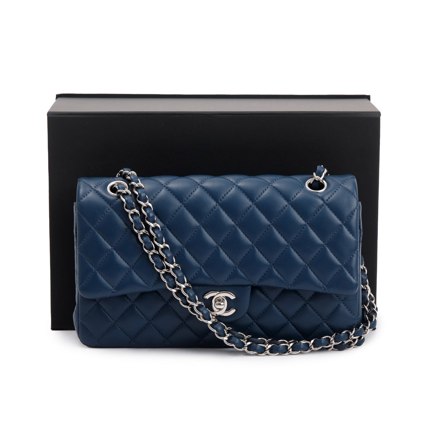 Chanel Navy Classic Double Flap Leather Lambskin Travel Bag