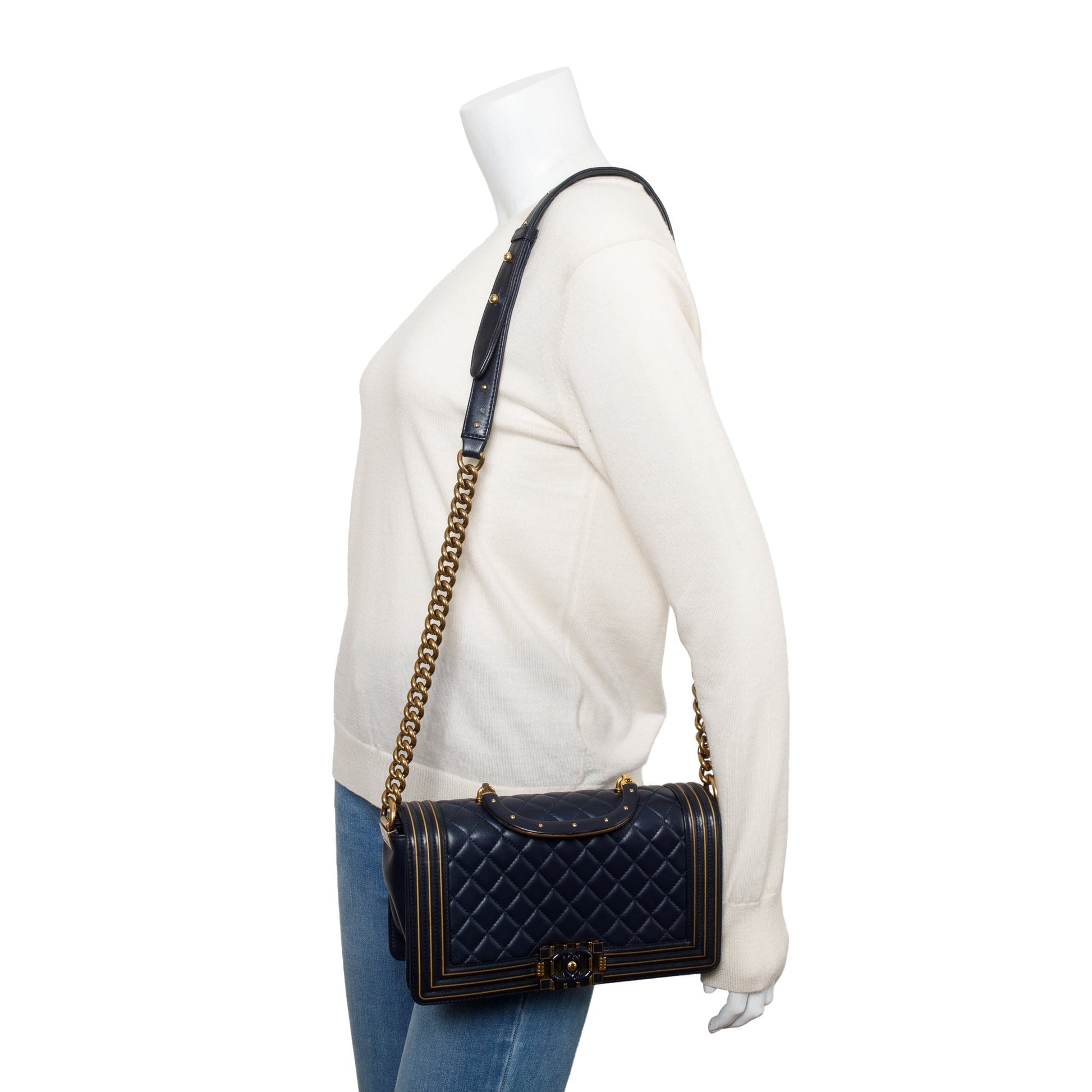 Chanel Navy Boy Studded Handle Leather Lambskin Travel Bag