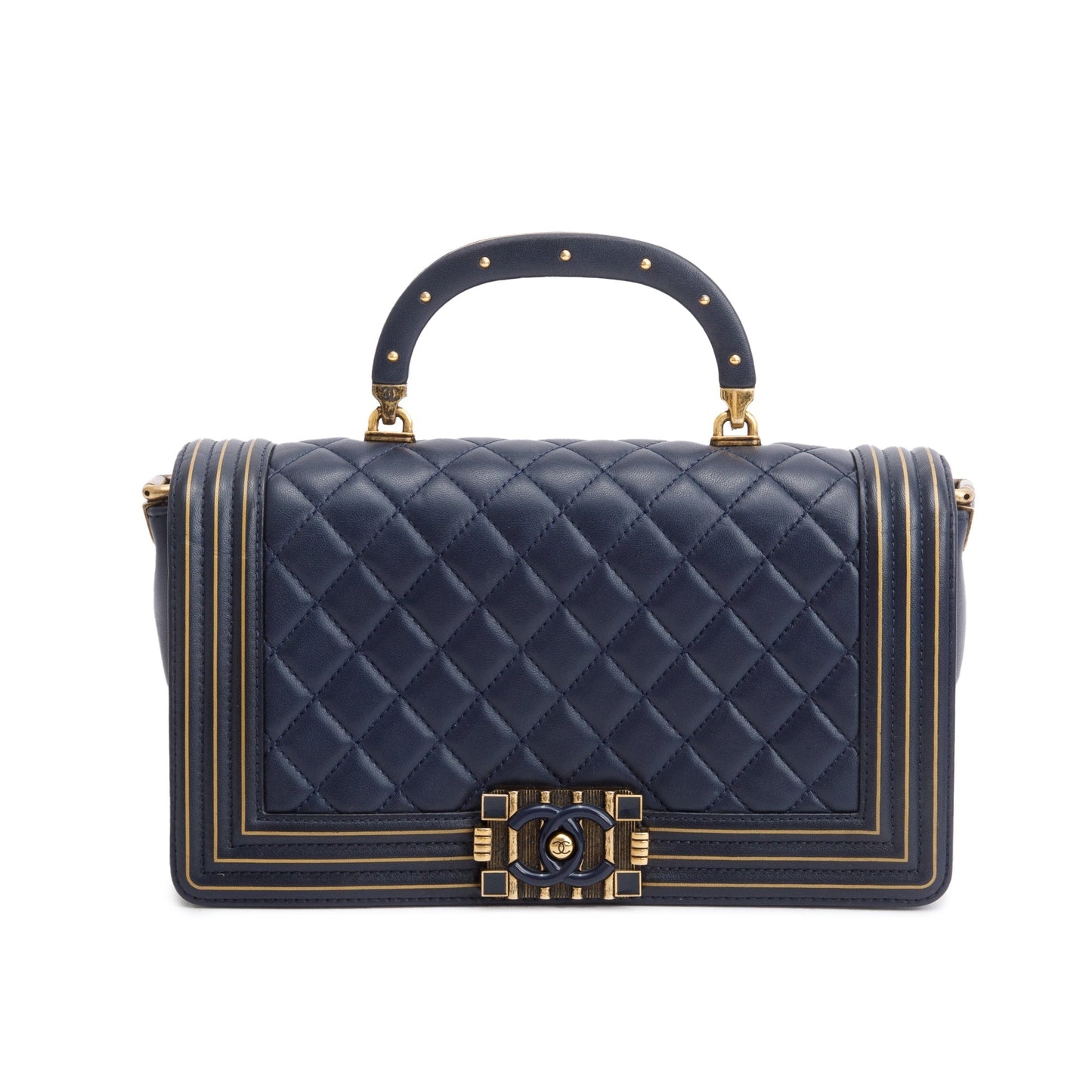 Chanel Navy Boy Studded Handle Leather Lambskin Travel Bag