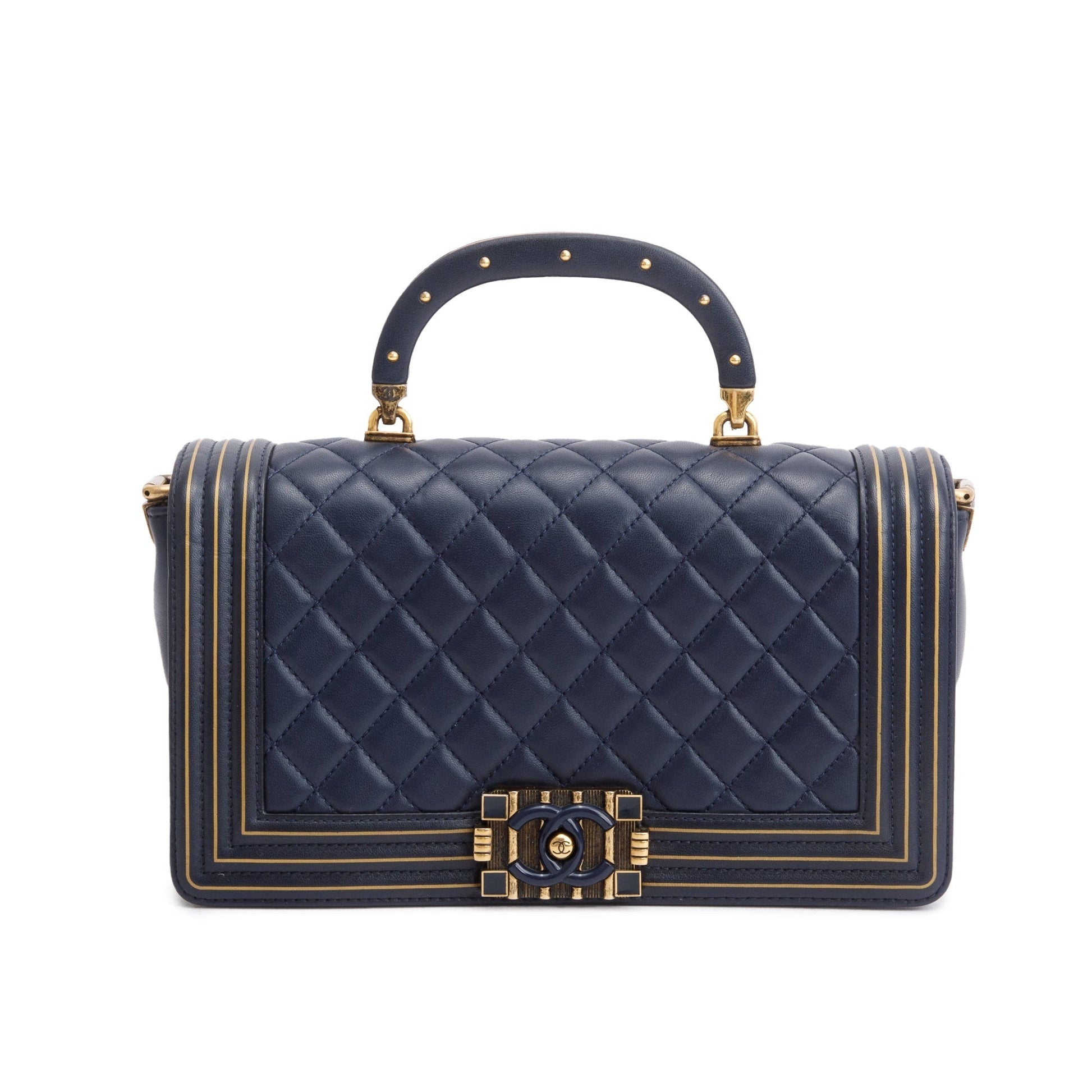 Chanel Navy Boy Studded Handle Leather Lambskin Travel Bag