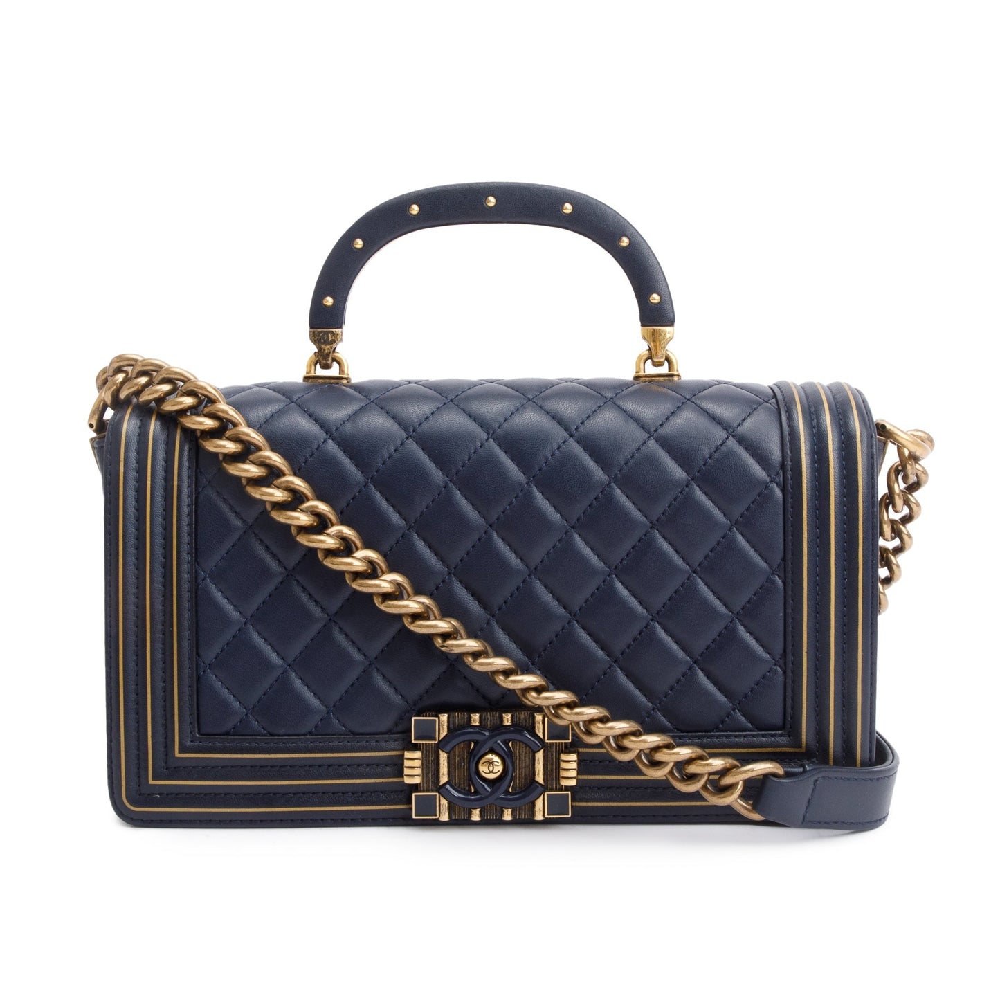 Chanel Navy Boy Studded Handle Leather Lambskin Travel Bag