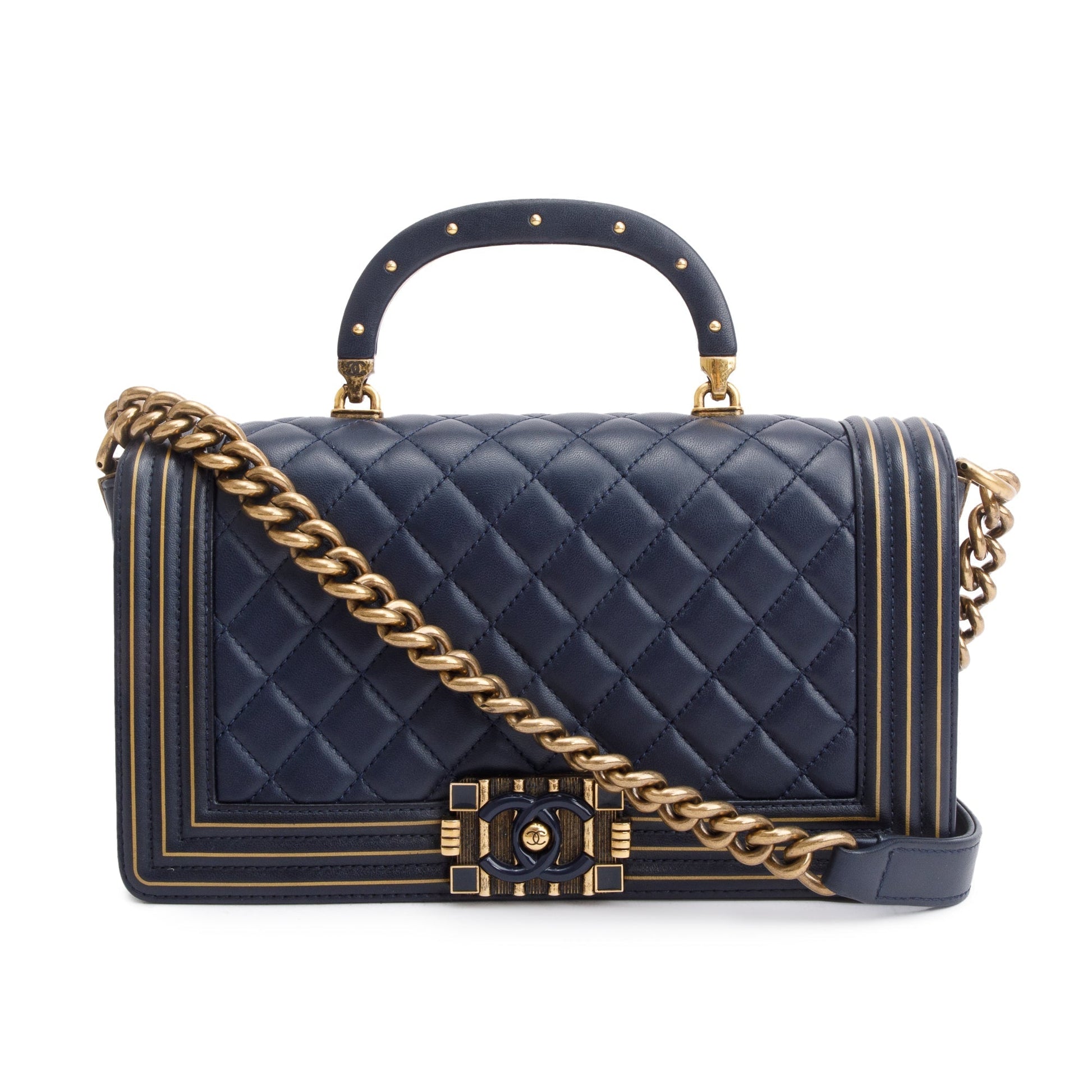 Chanel Navy Boy Studded Handle Leather Lambskin Travel Bag