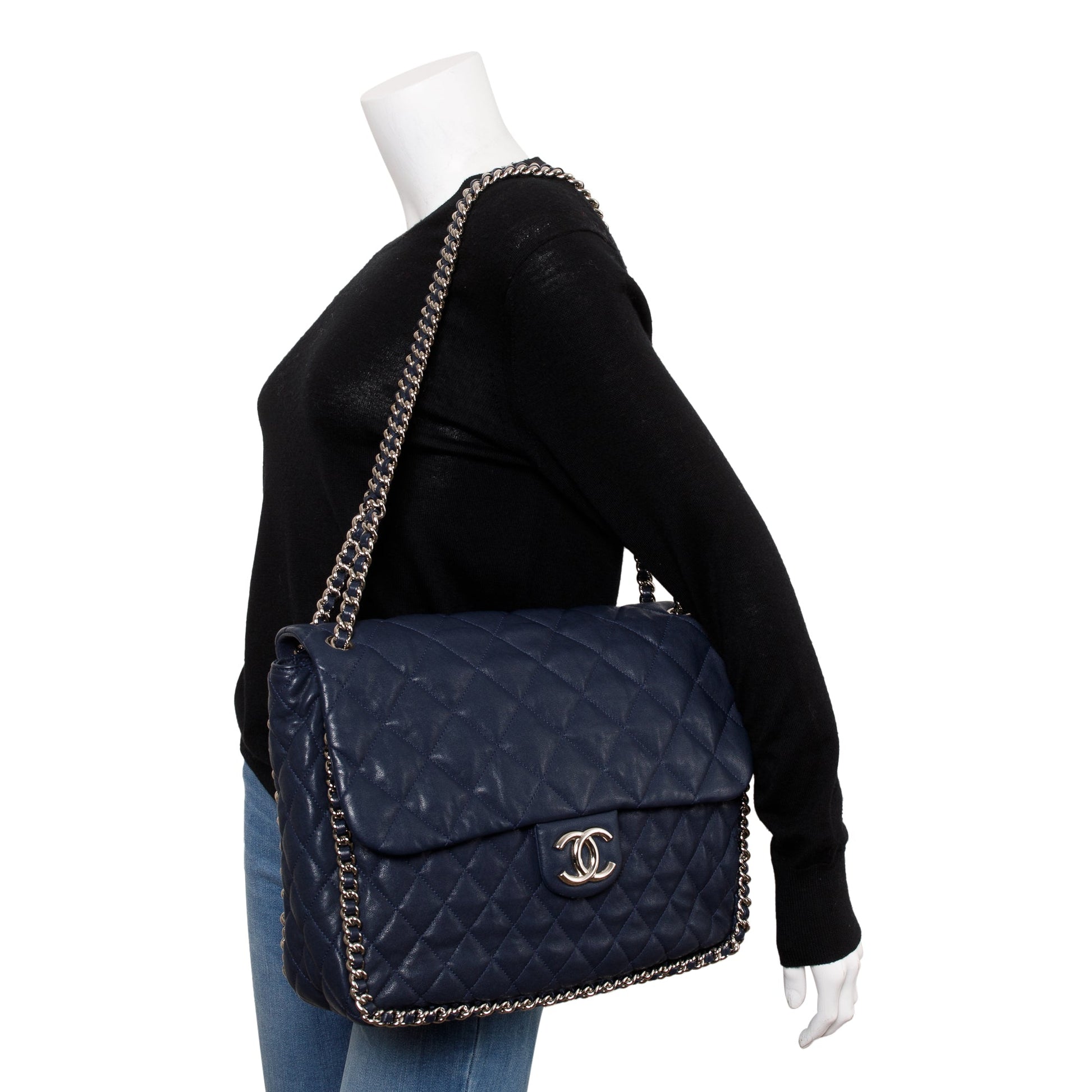 Chanel Navy Quilted Maxi Around Flap Leather Calfskin Travel Bag Authenticity Card