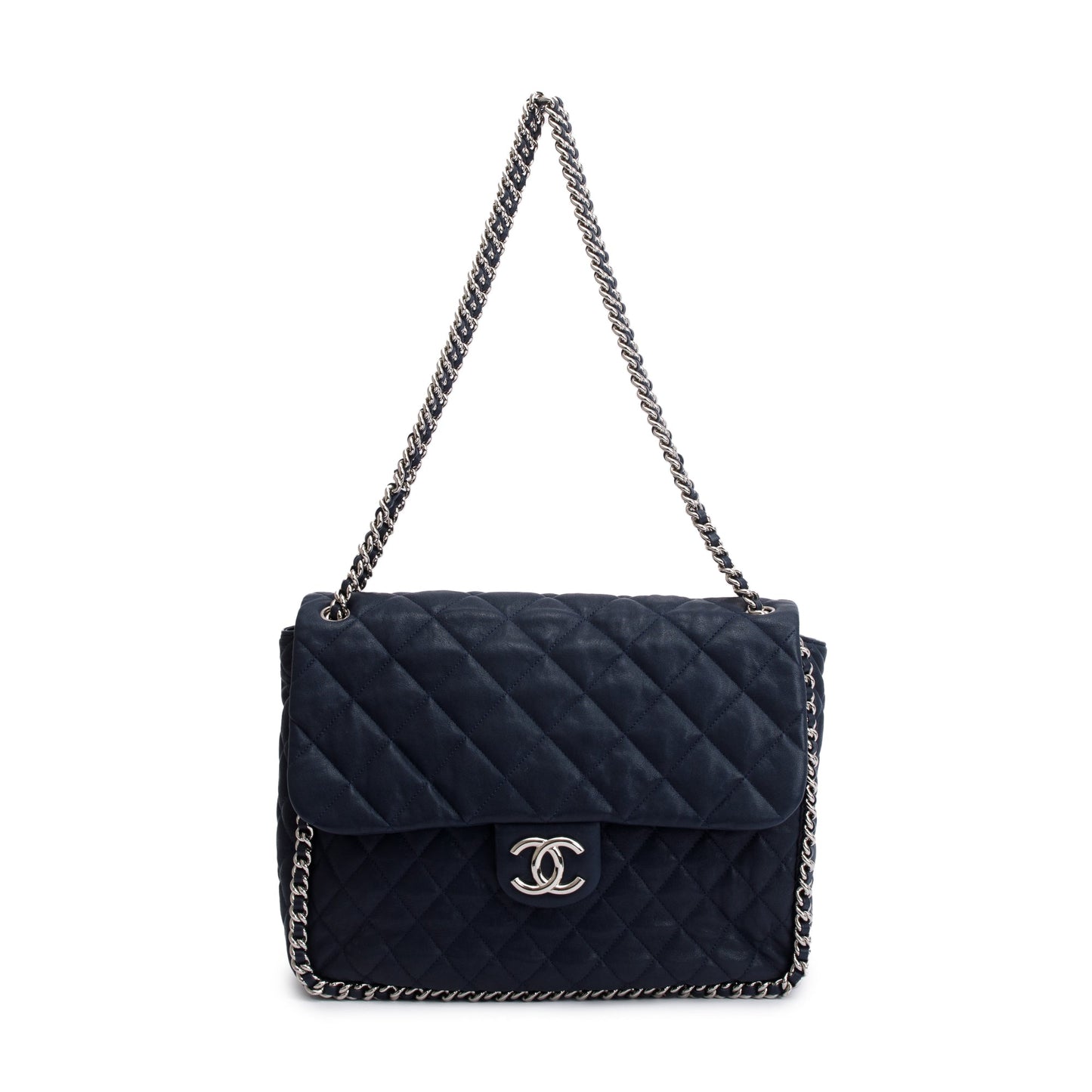Chanel Navy Quilted Maxi Around Flap Leather Calfskin Travel Bag Authenticity Card