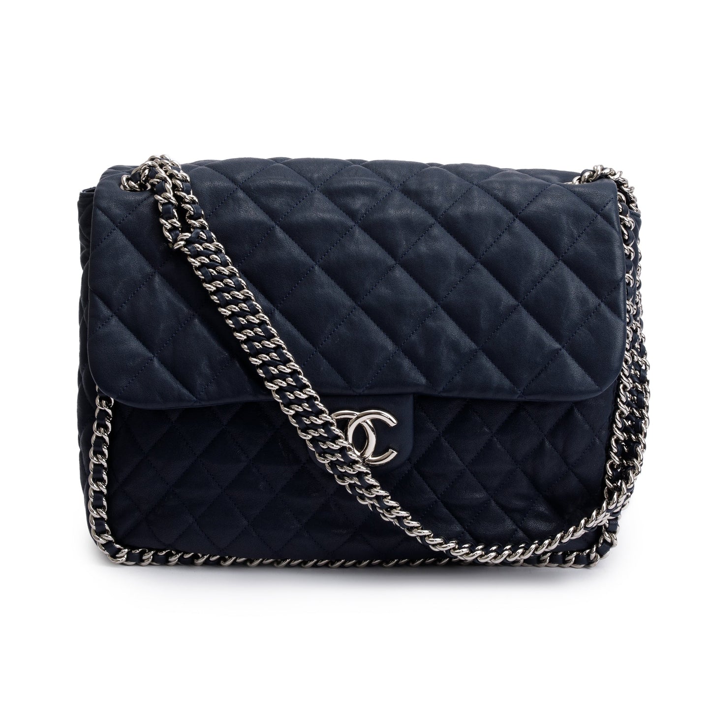 Chanel Navy Quilted Maxi Around Flap Leather Calfskin Travel Bag Authenticity Card