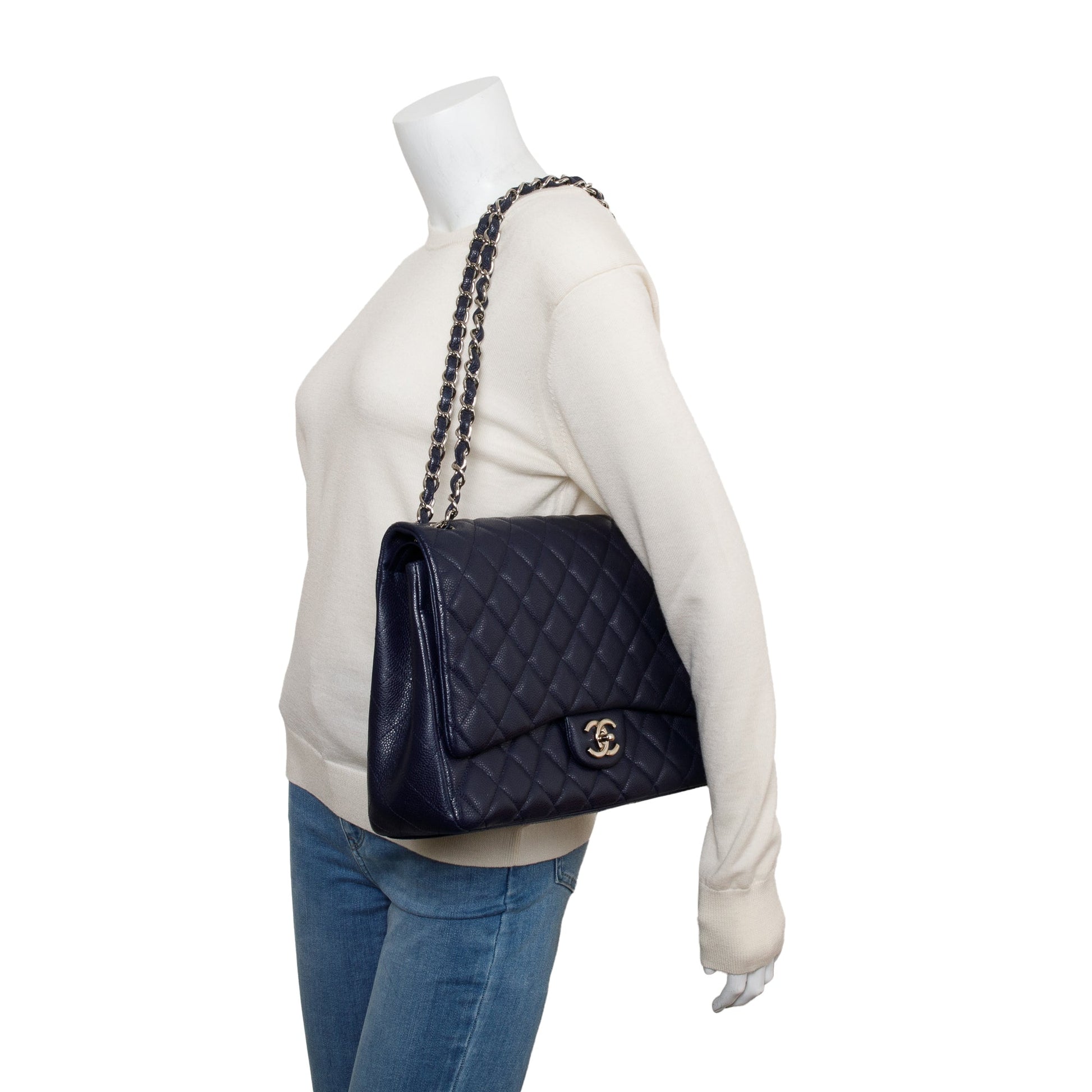 Chanel Navy Quilted Caviar Classic Maxi Leather Travel Bag