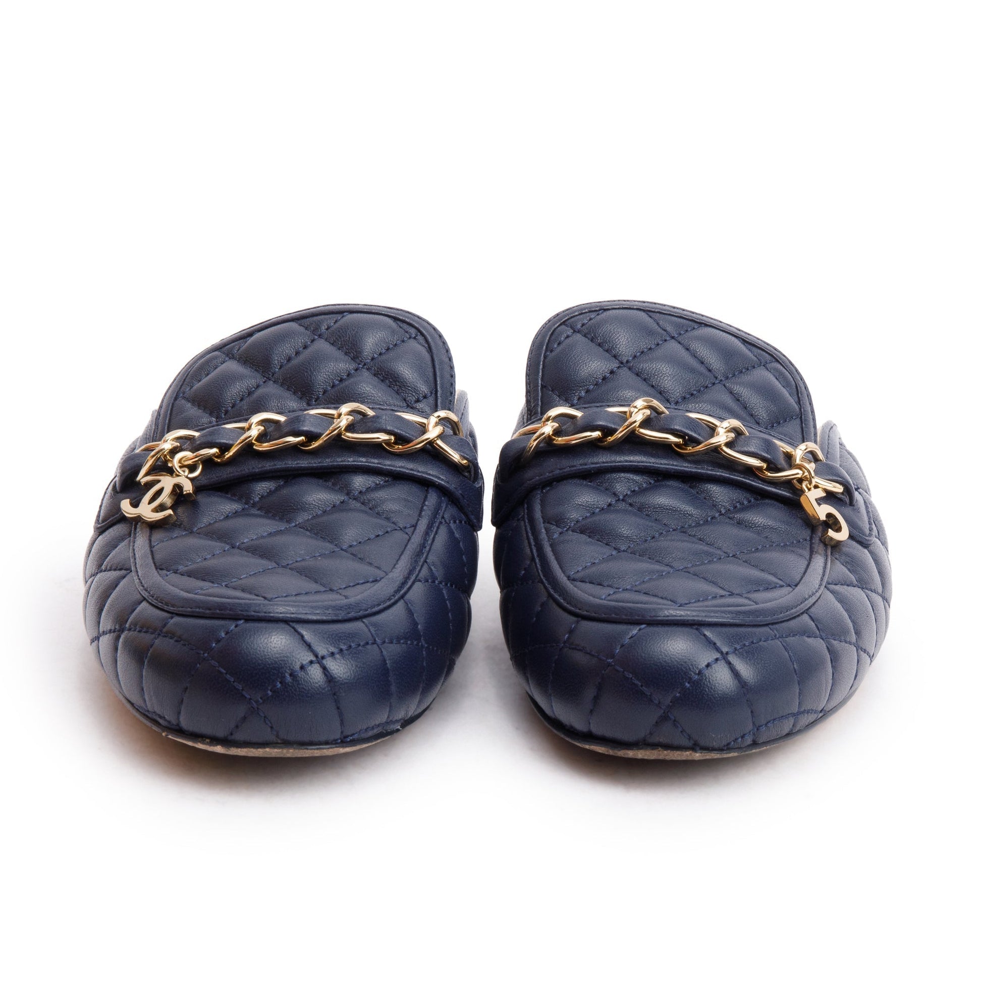 Chanel Navy Quilted Interlocking CC Logo Leather Lambskin Shoes
