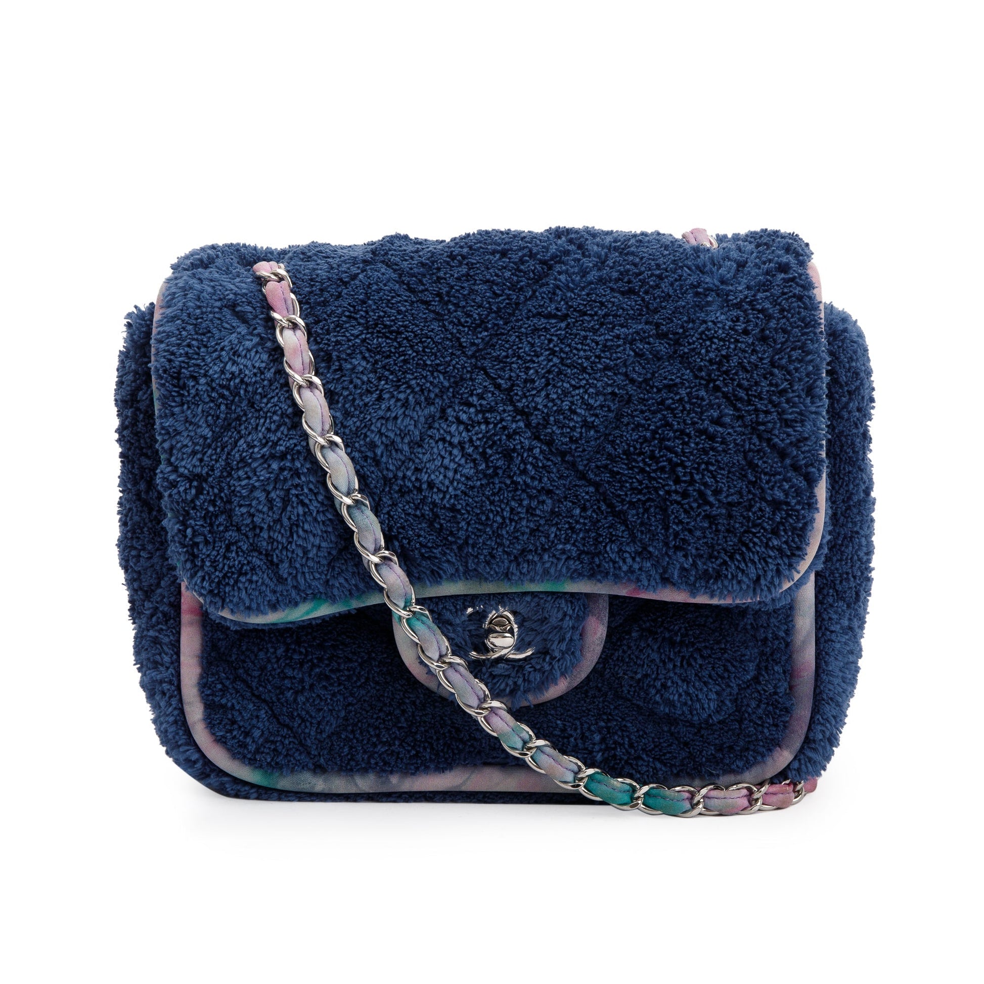 Chanel Navy Quilted Shearling Square Flap Travel Bag